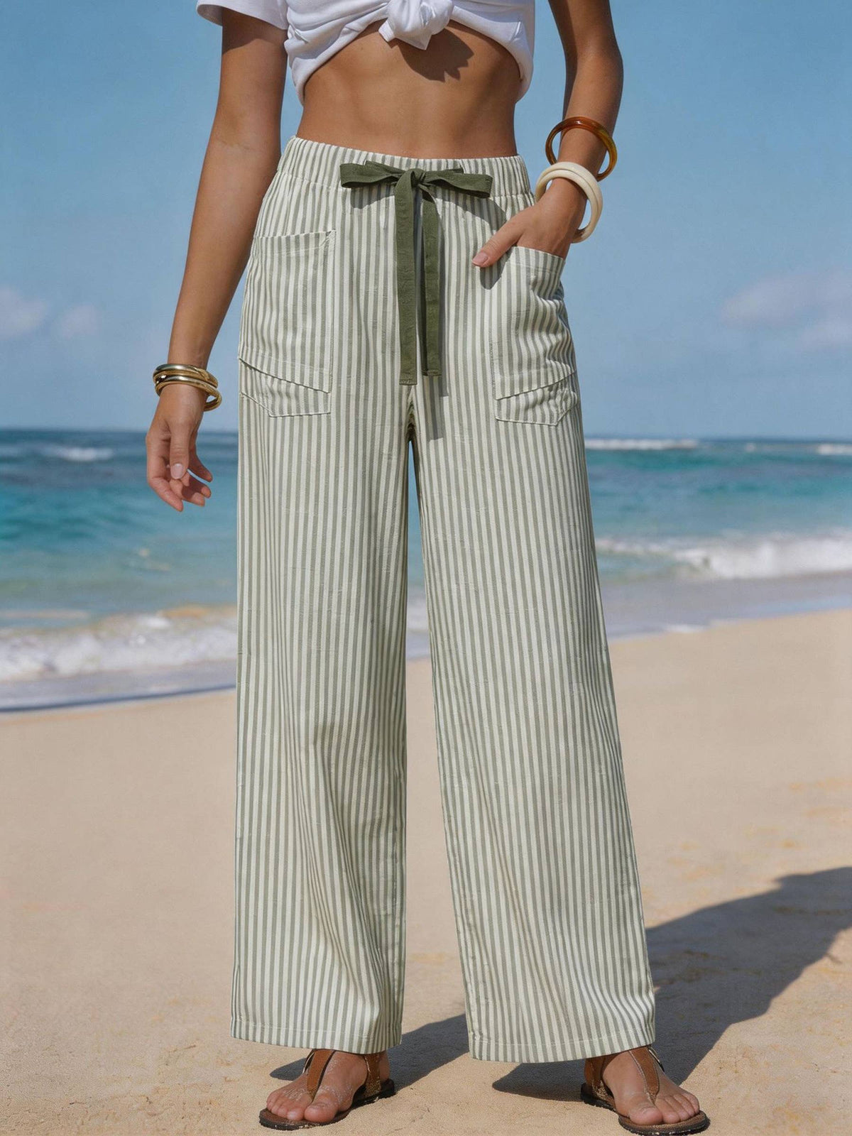 Drawstring Pocket Beach Casual Pants