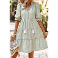 Stripe V Neck Button Puff Sleeves High Waist Dress