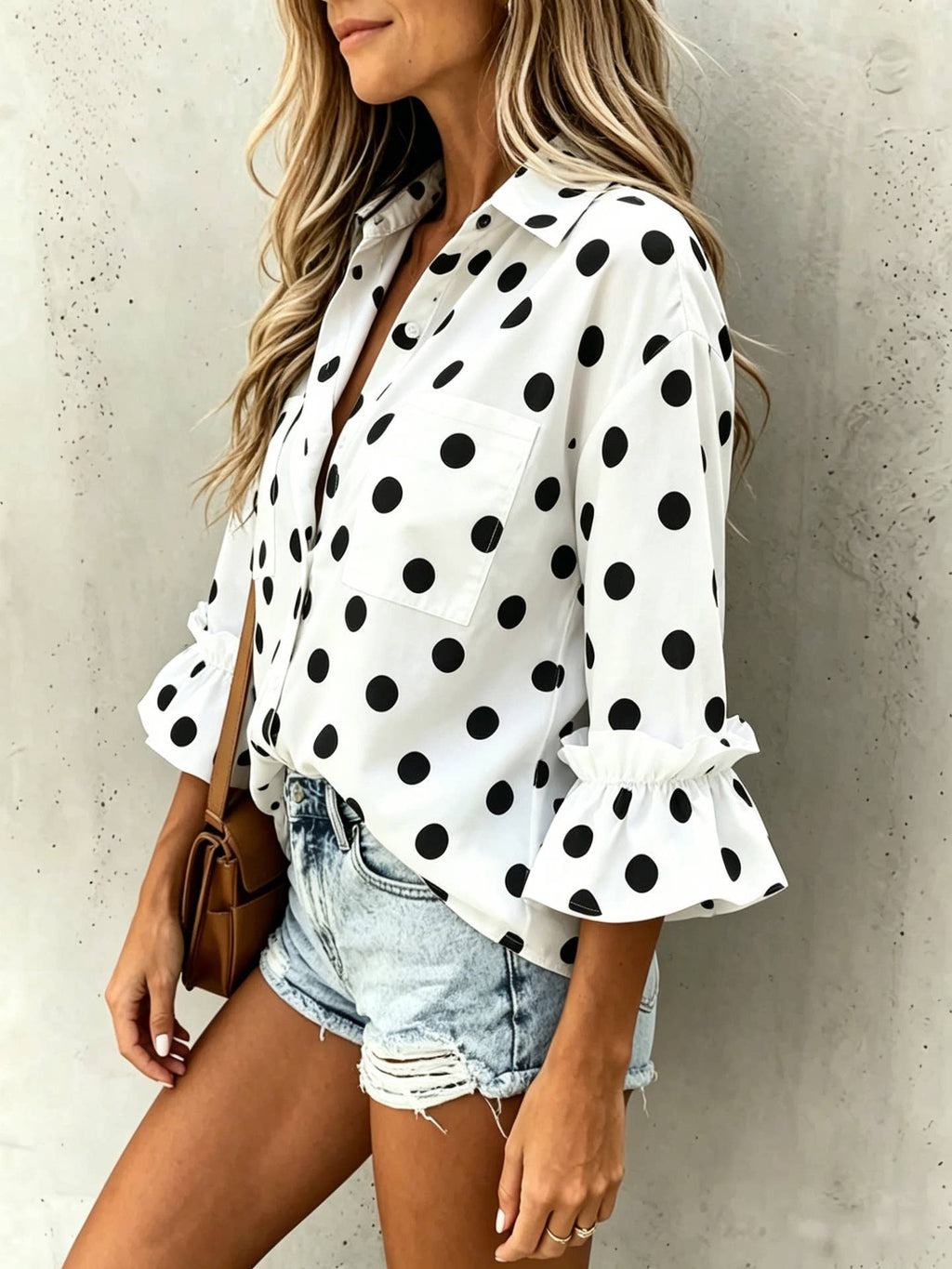 Polka Dots ruffle 3/4 sleeve button up blouse