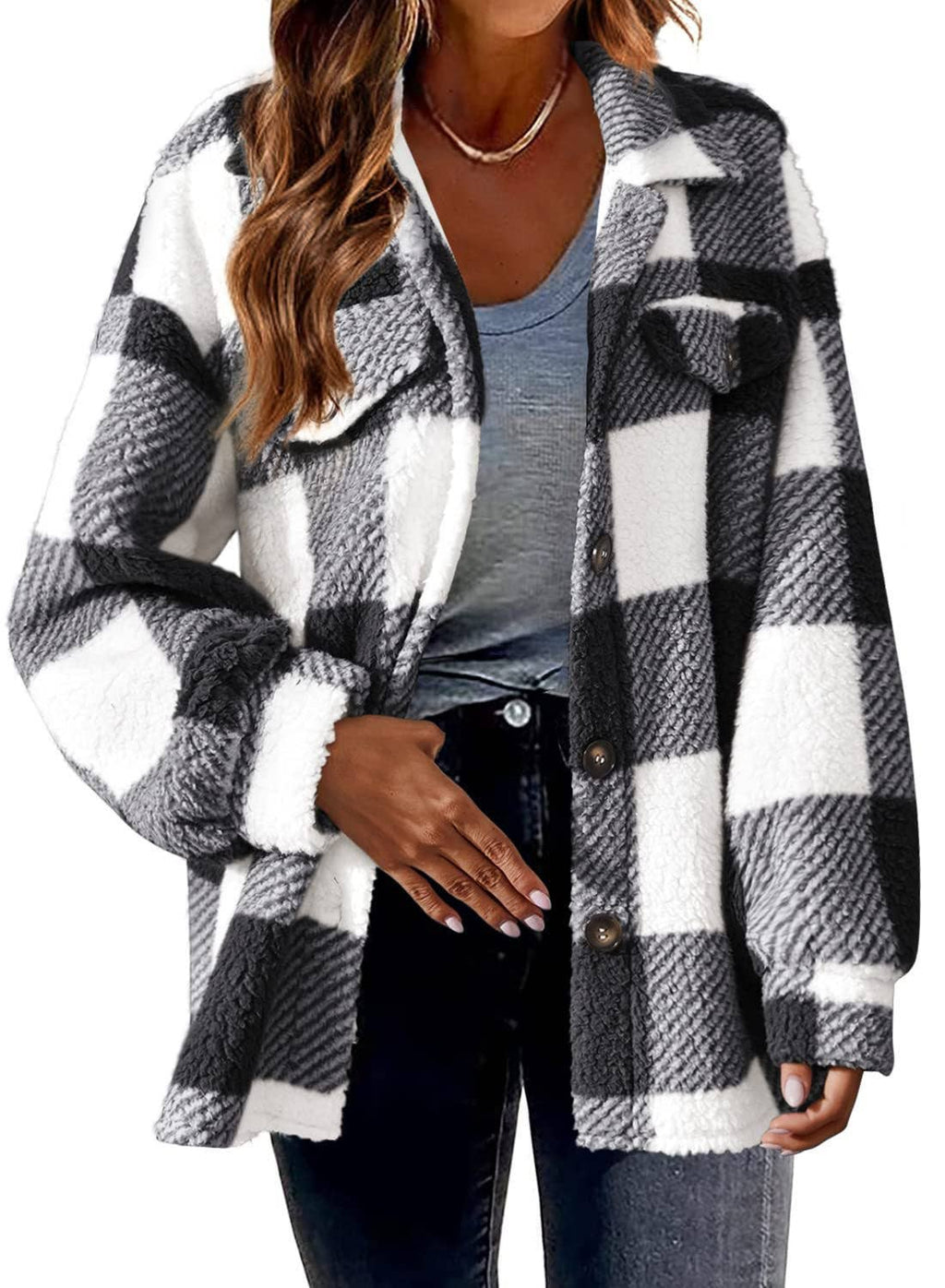 Women Plaid Fleece Shacket Button Up Warm Fall Jacket