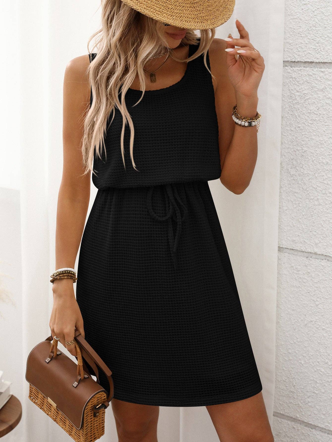 Sleeveless Drawstring Waist Mini Dress Casual Summer
