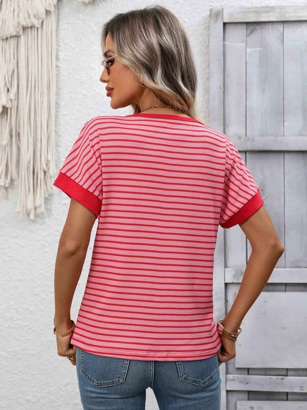 Casual crew-neck patchwork short-sleeved T-shirt