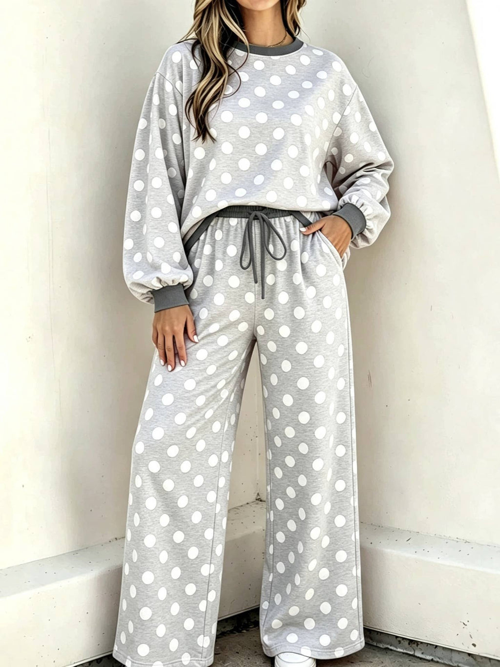 Versatile Two Tone Polka Dots Crewneck Top 2PC Set