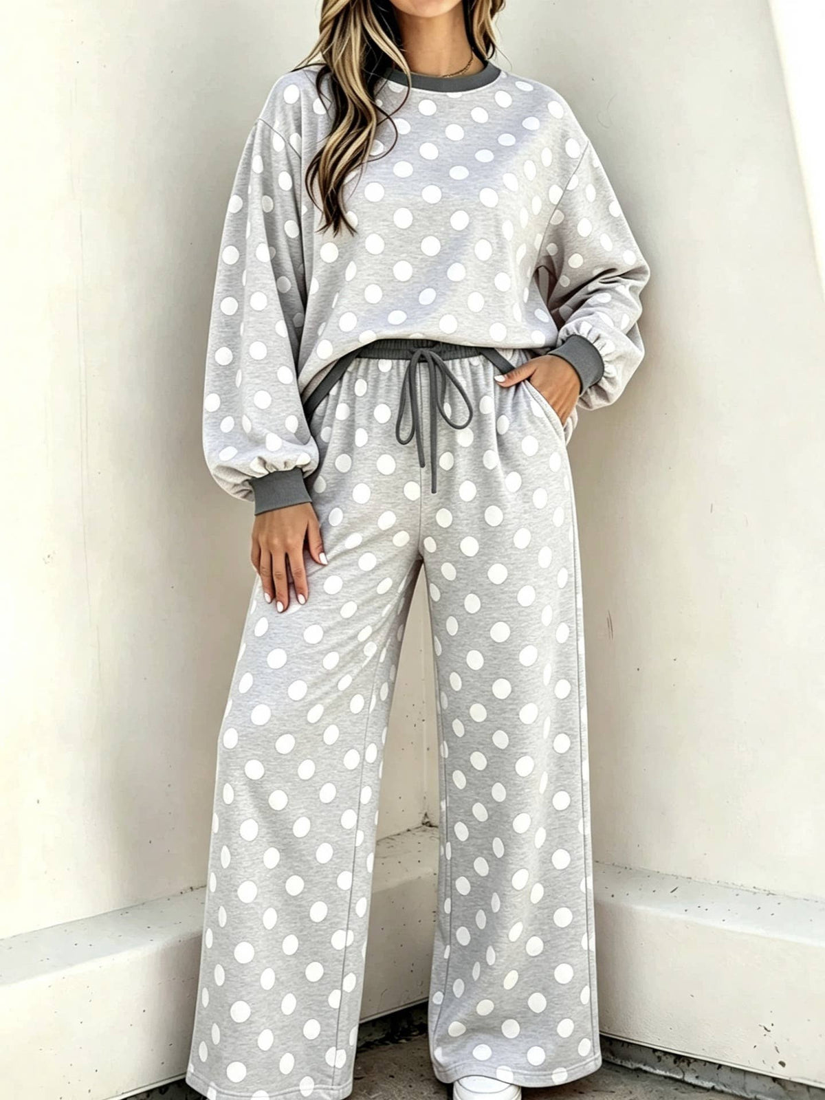 Versatile Two Tone Polka Dots Crewneck Top 2PC Set