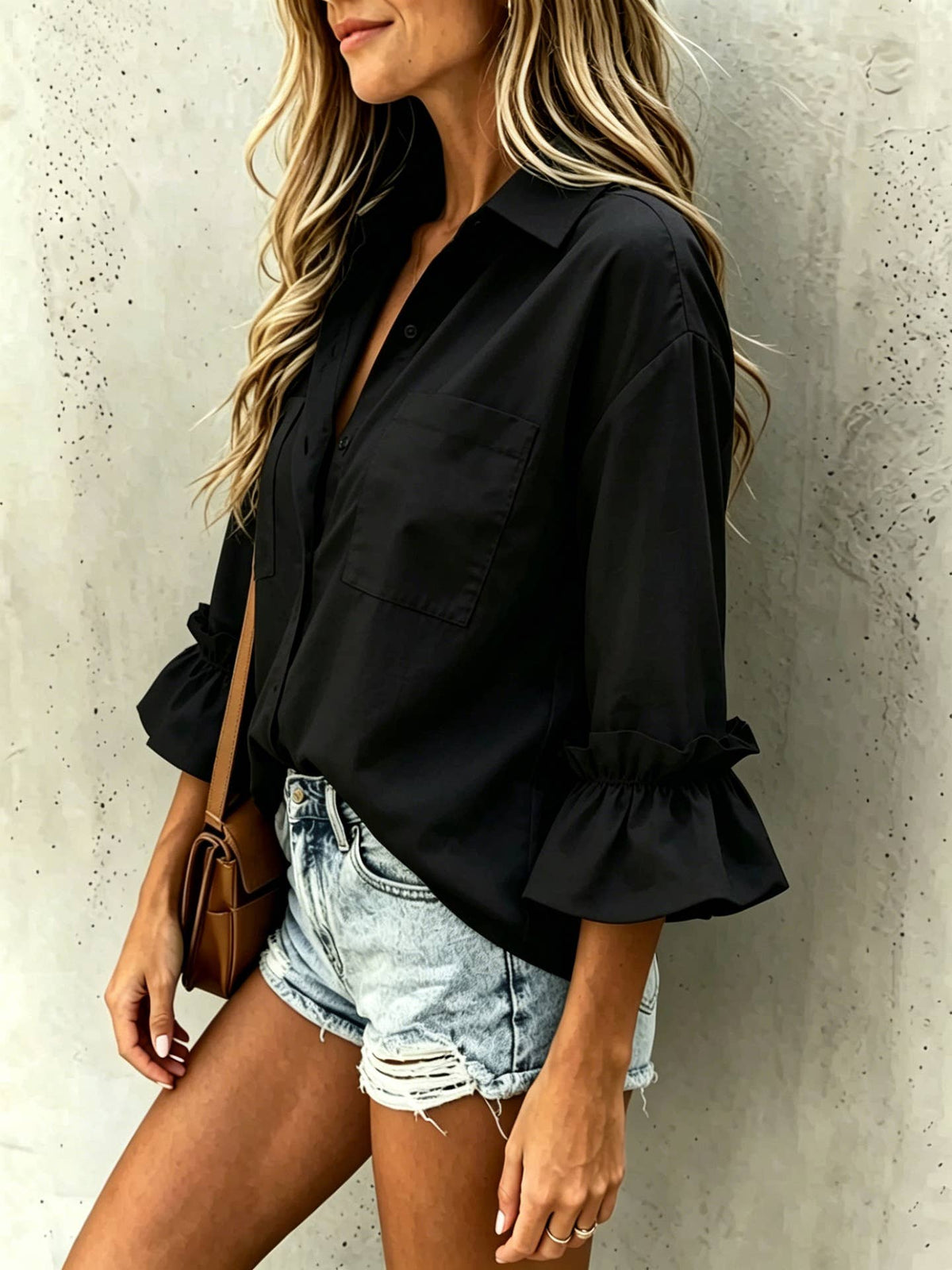 Polka Dots ruffle 3/4 sleeve button up blouse
