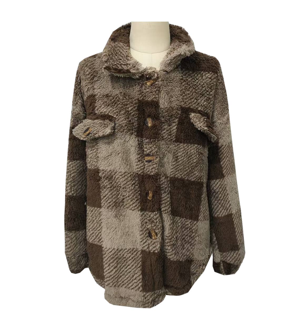 Women Plaid Fleece Shacket Button Up Warm Fall Jacket