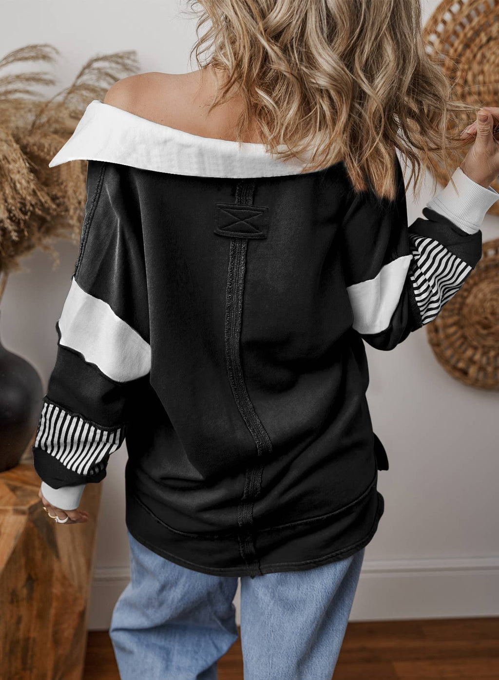 V-Neck Stripe Colorblock Long Sleeve Loose Casual Sweatshirt