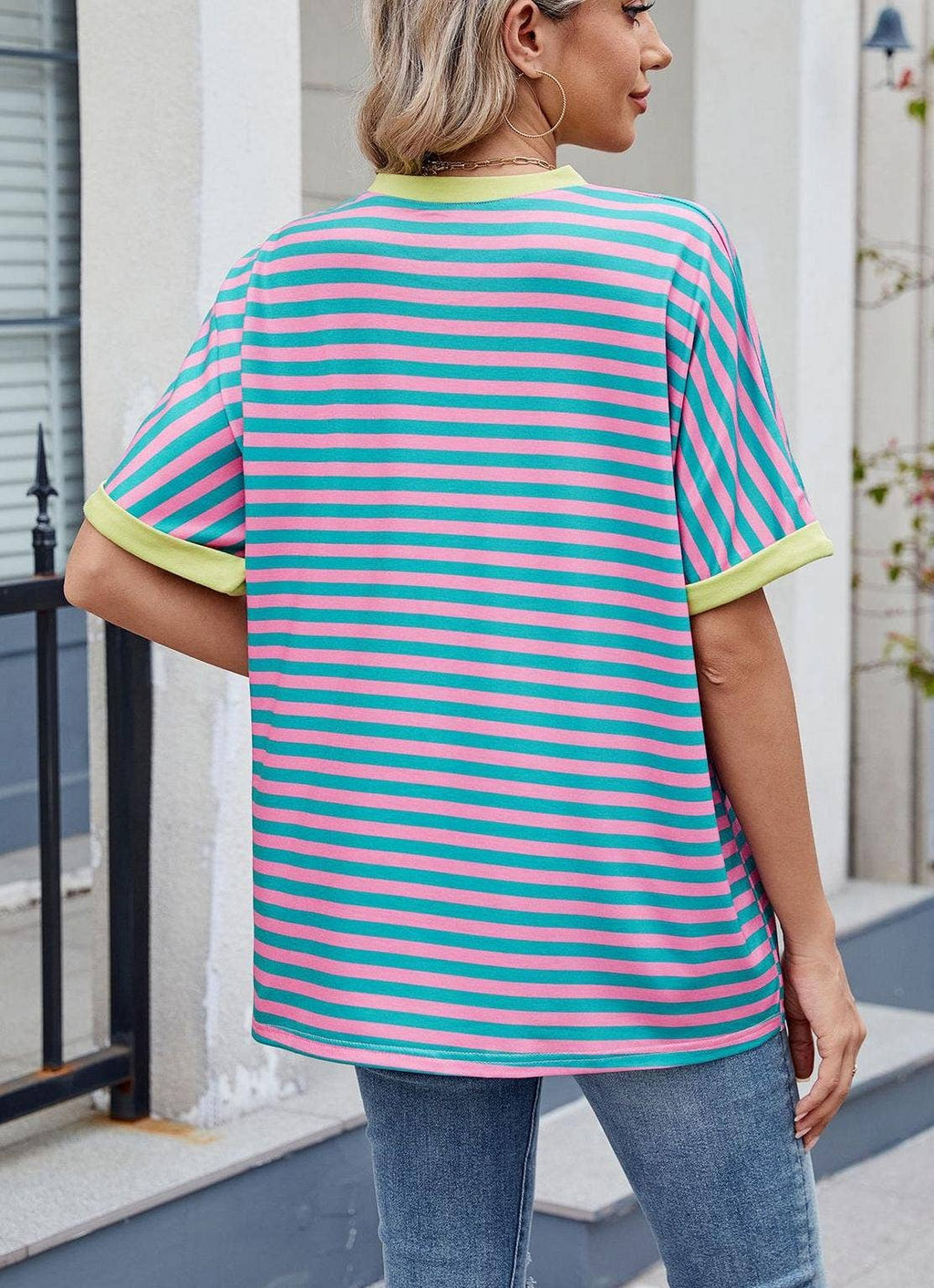 Striped Color Collision Round Neck Loose Short Sleeve T-Shir