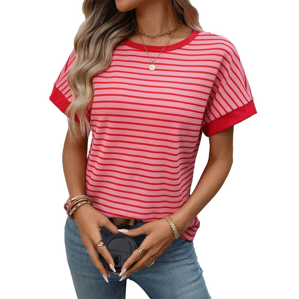 Casual crew-neck patchwork short-sleeved T-shirt