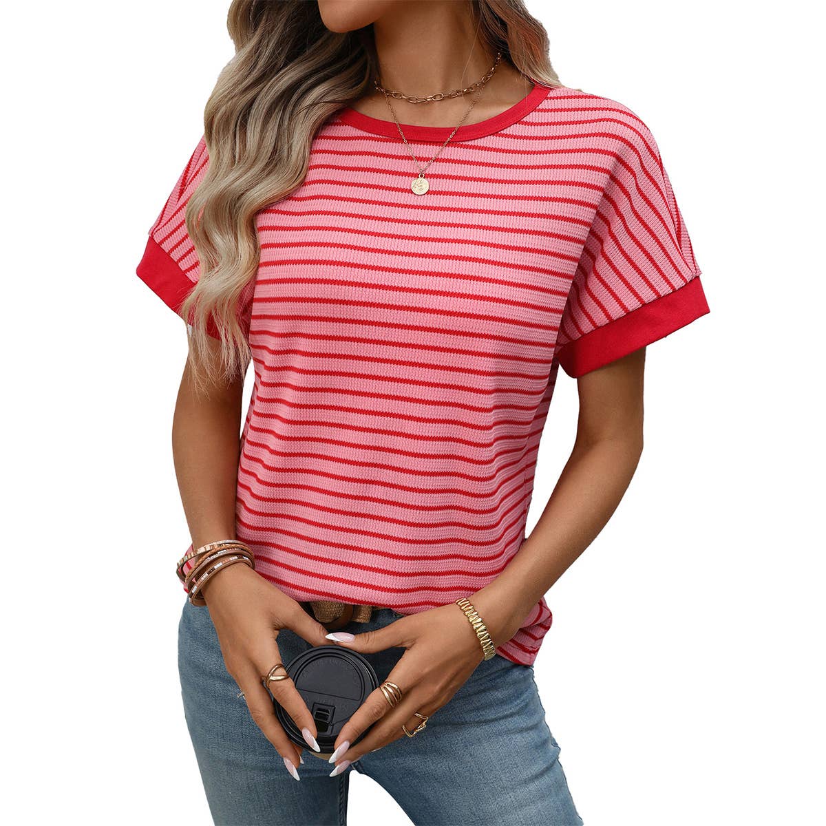 Casual crew-neck patchwork short-sleeved T-shirt