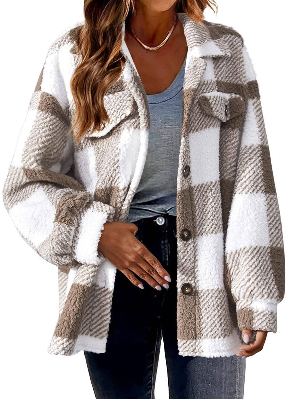 Women Plaid Fleece Shacket Button Up Warm Fall Jacket