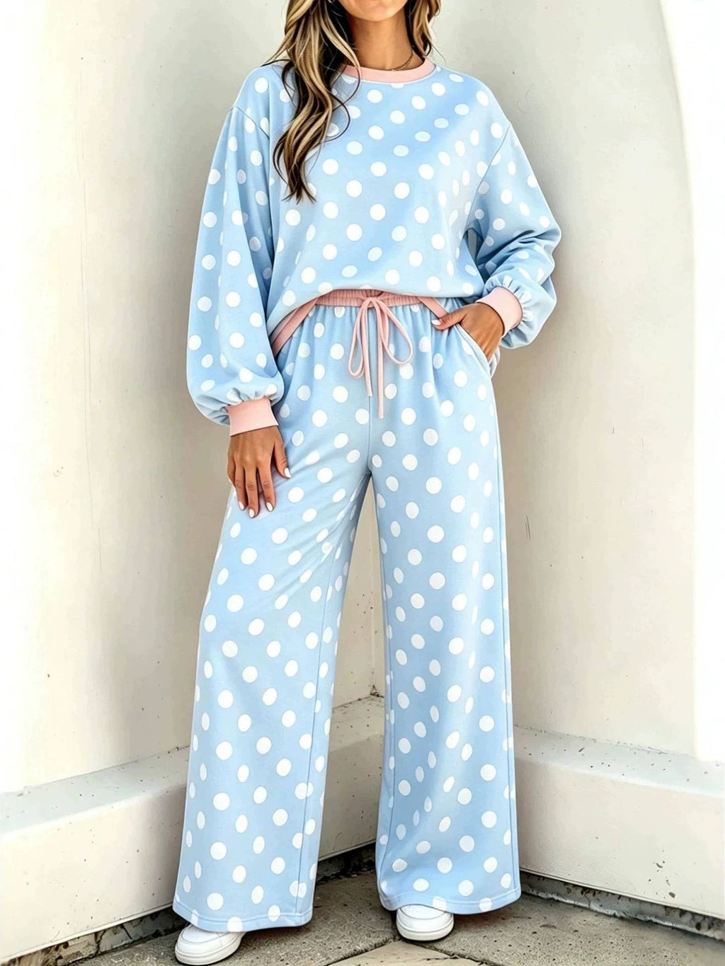 Versatile Two Tone Polka Dots Crewneck Top 2PC Set