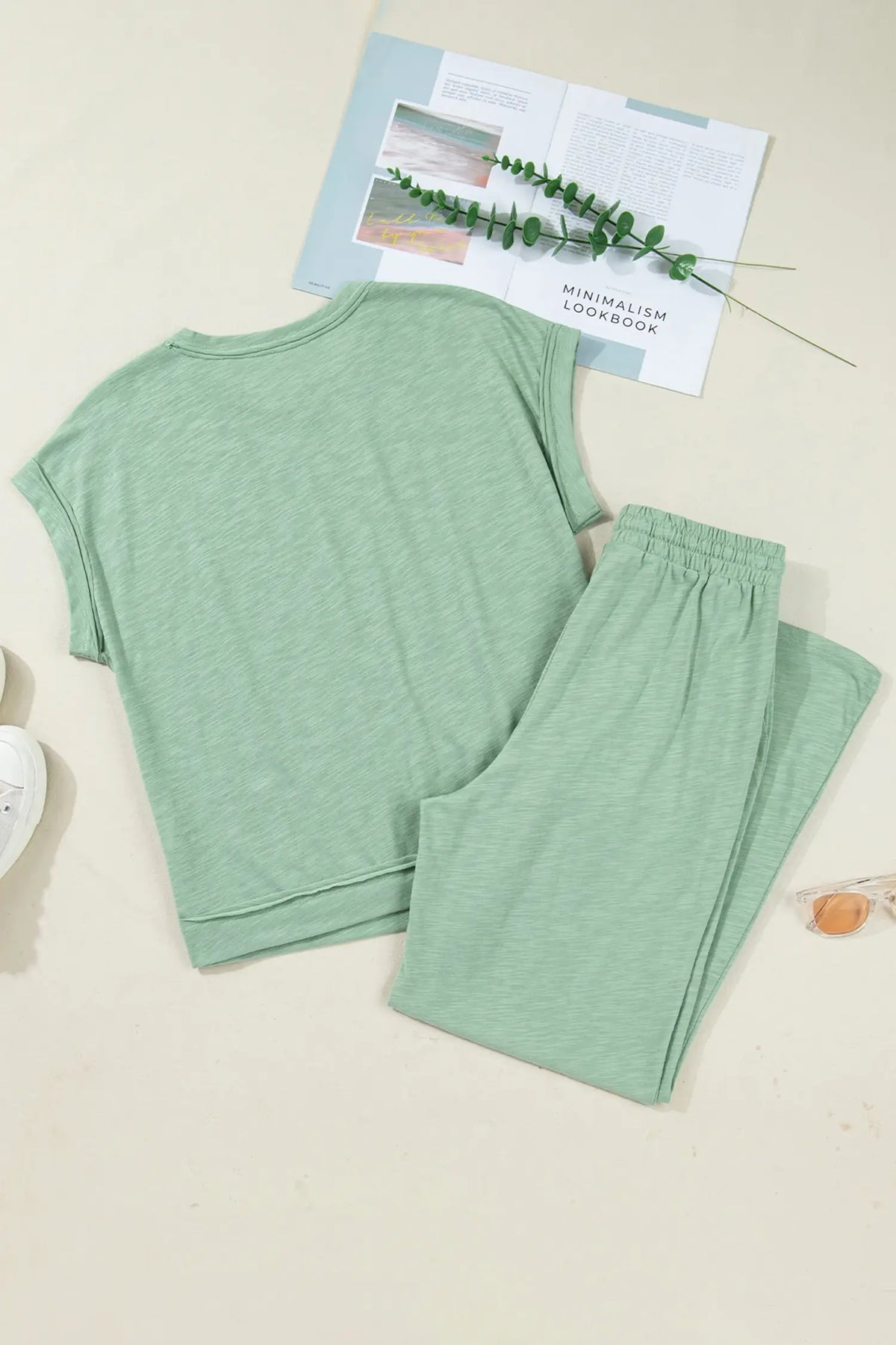 Short Sleeve Tee Raw Seam Patch Pocket Drawstring Pants Set