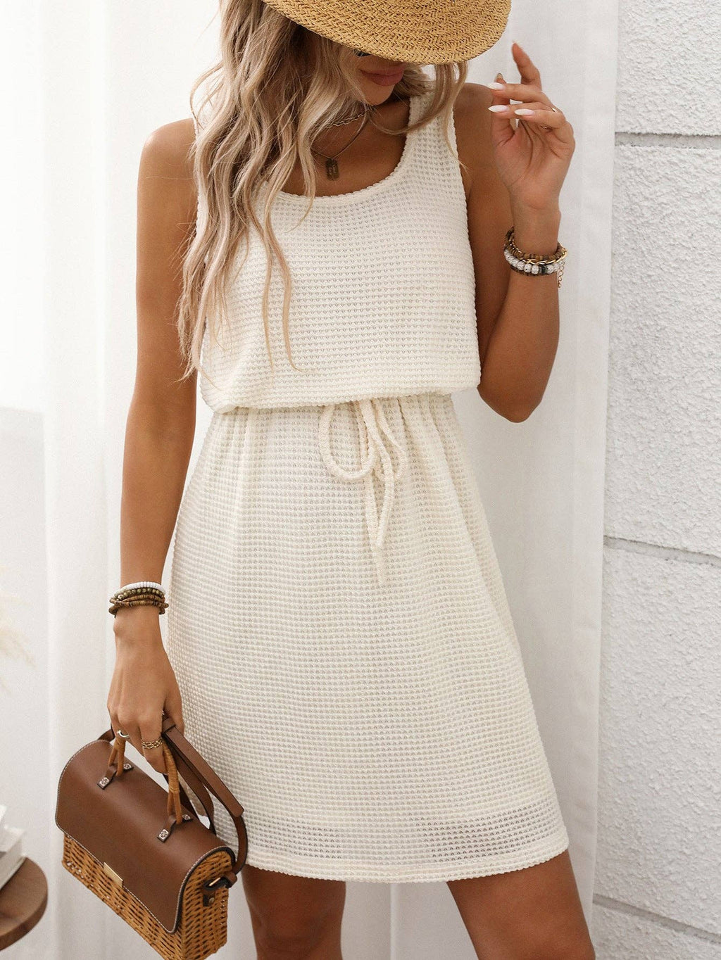 Sleeveless Drawstring Waist Mini Dress Casual Summer