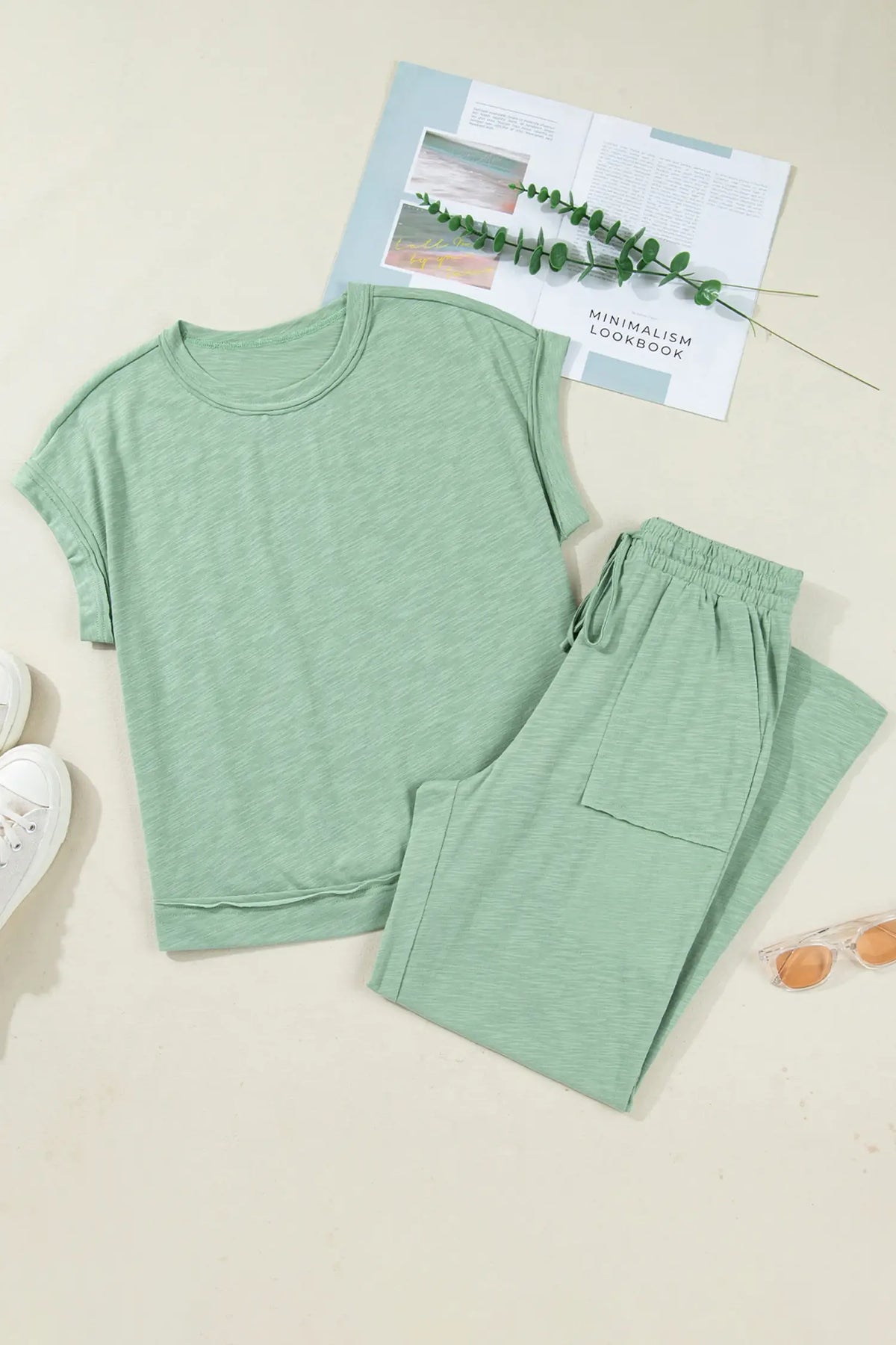Short Sleeve Tee Raw Seam Patch Pocket Drawstring Pants Set