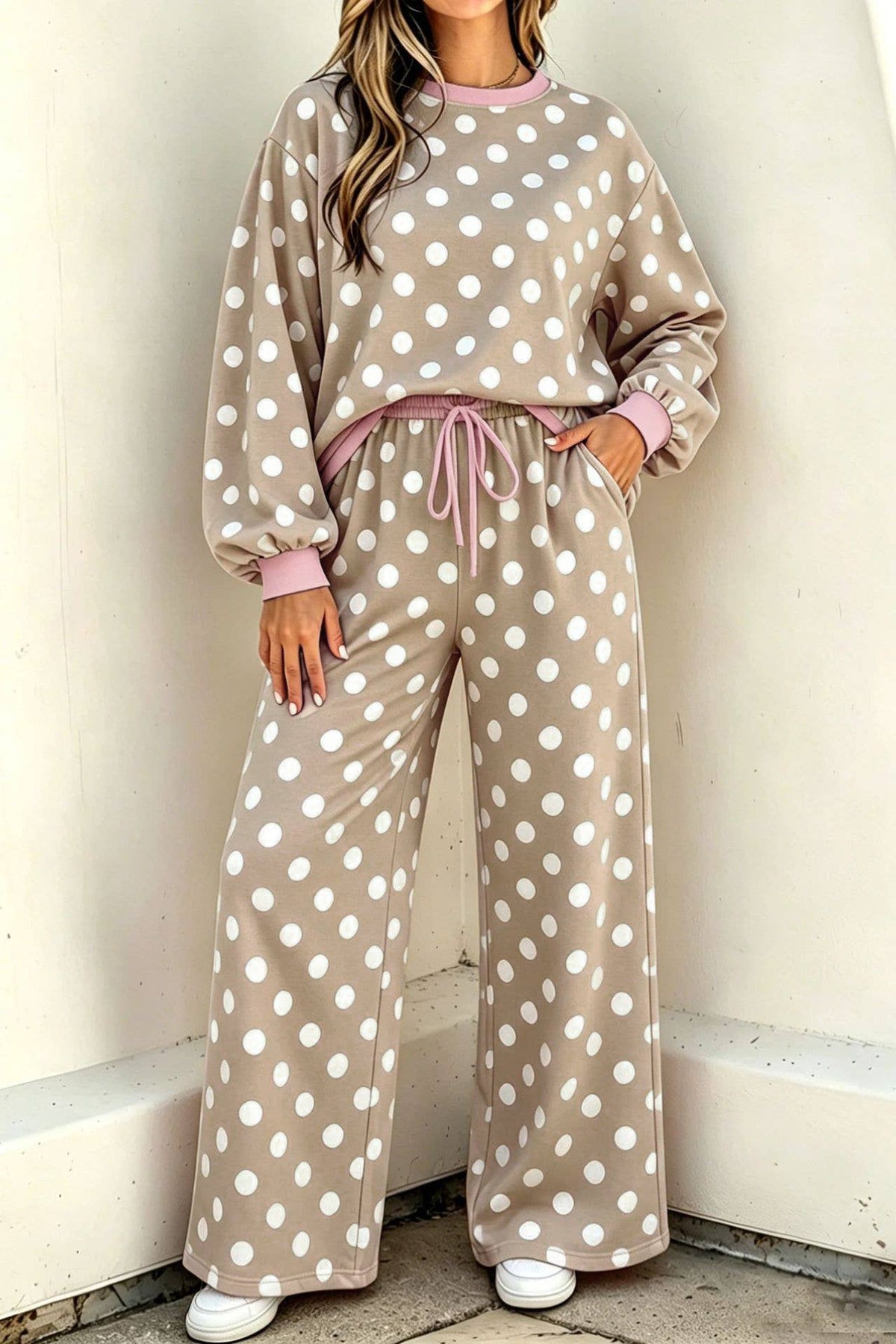 Versatile Two Tone Polka Dots Crewneck Top 2PC Set