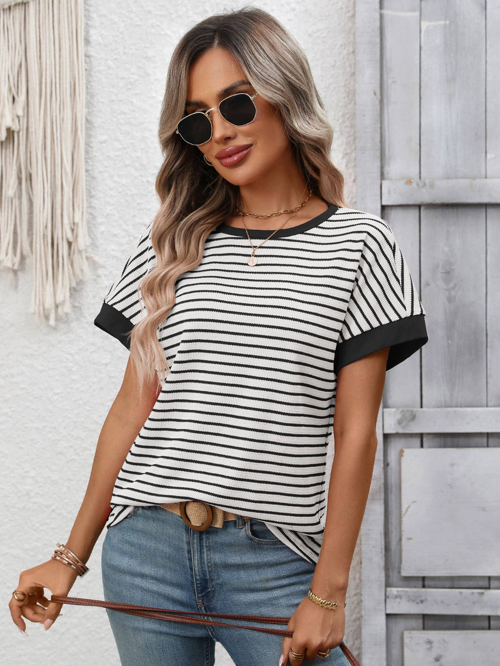 Casual crew-neck patchwork short-sleeved T-shirt