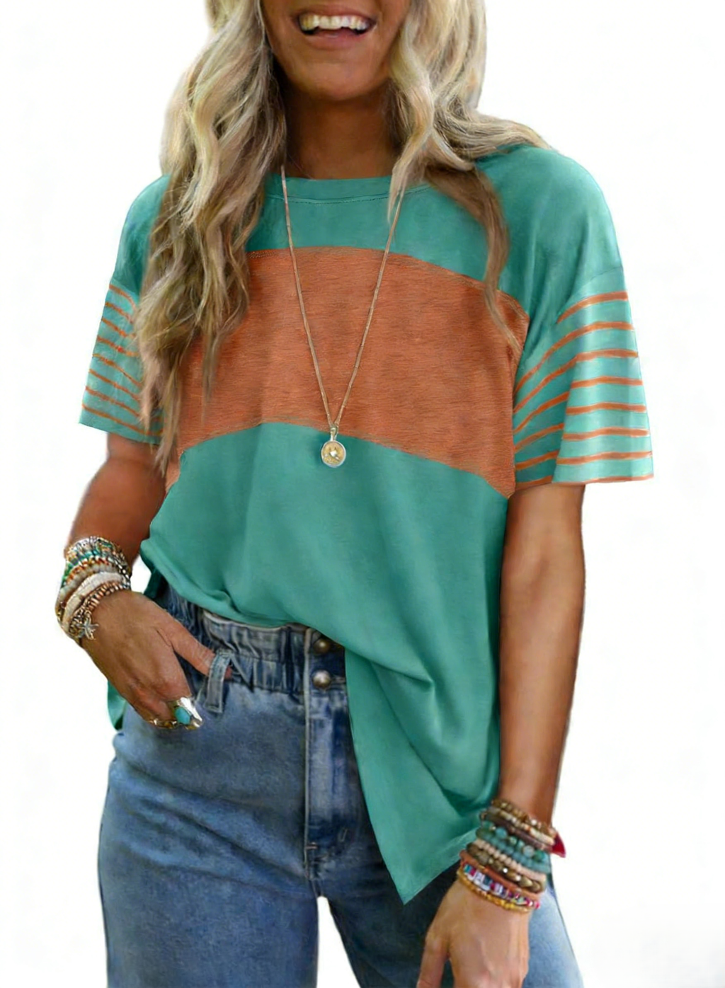 Color Block Striped Sleeve T-Shirt