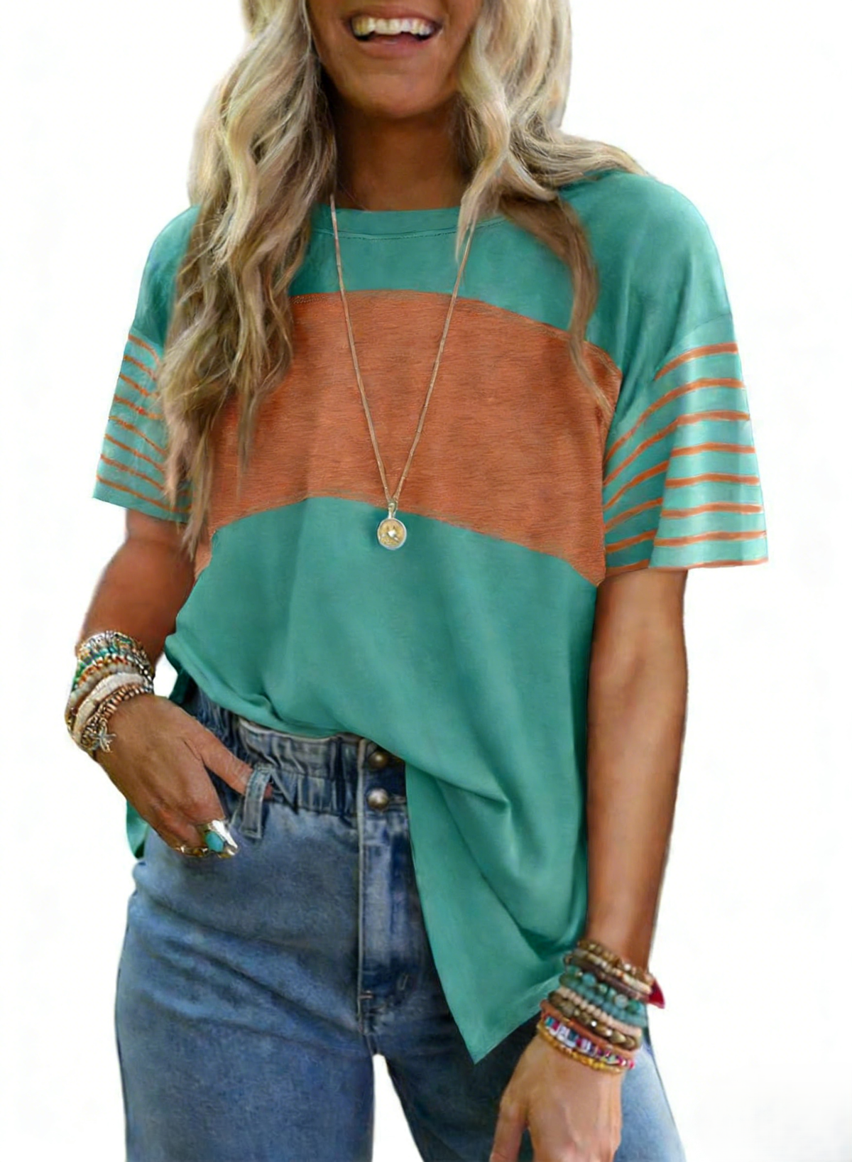 Color Block Striped Sleeve T-Shirt