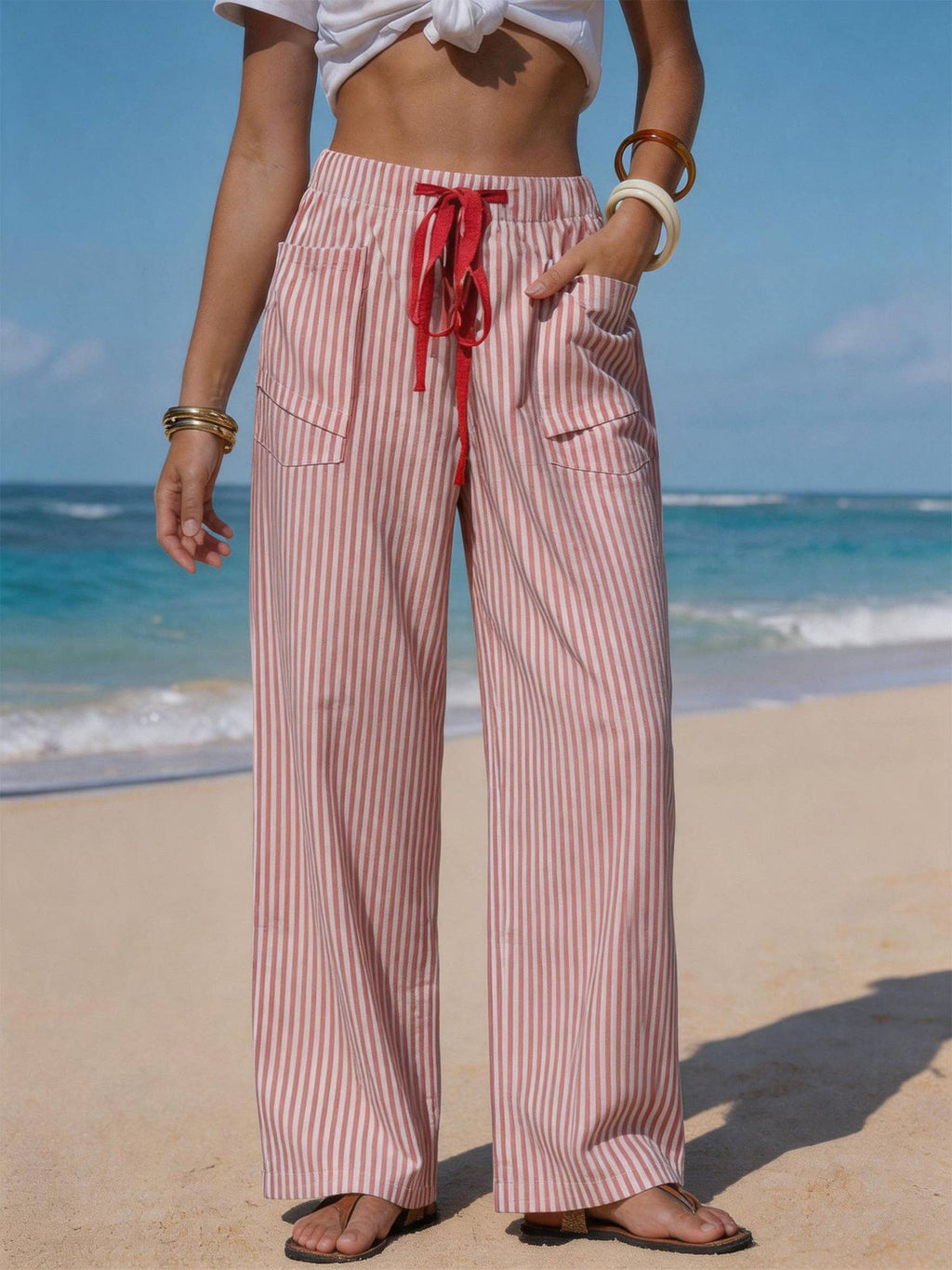 Drawstring Pocket Beach Casual Pants