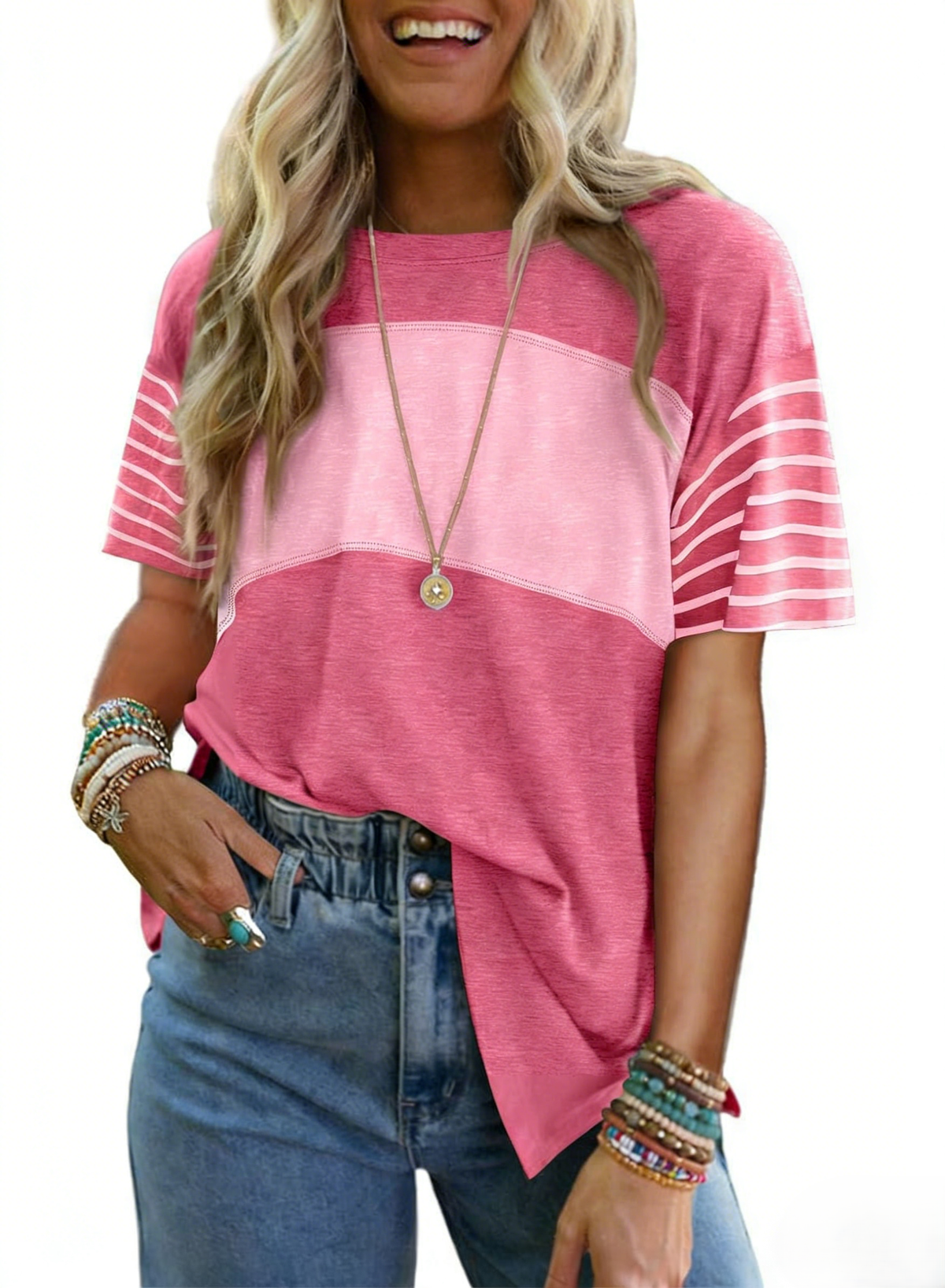 Color Block Striped Sleeve T-Shirt