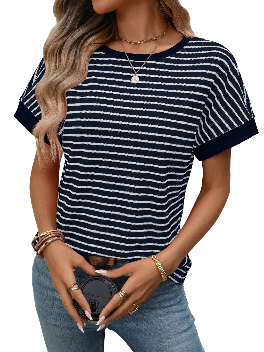 Casual crew-neck patchwork short-sleeved T-shirt