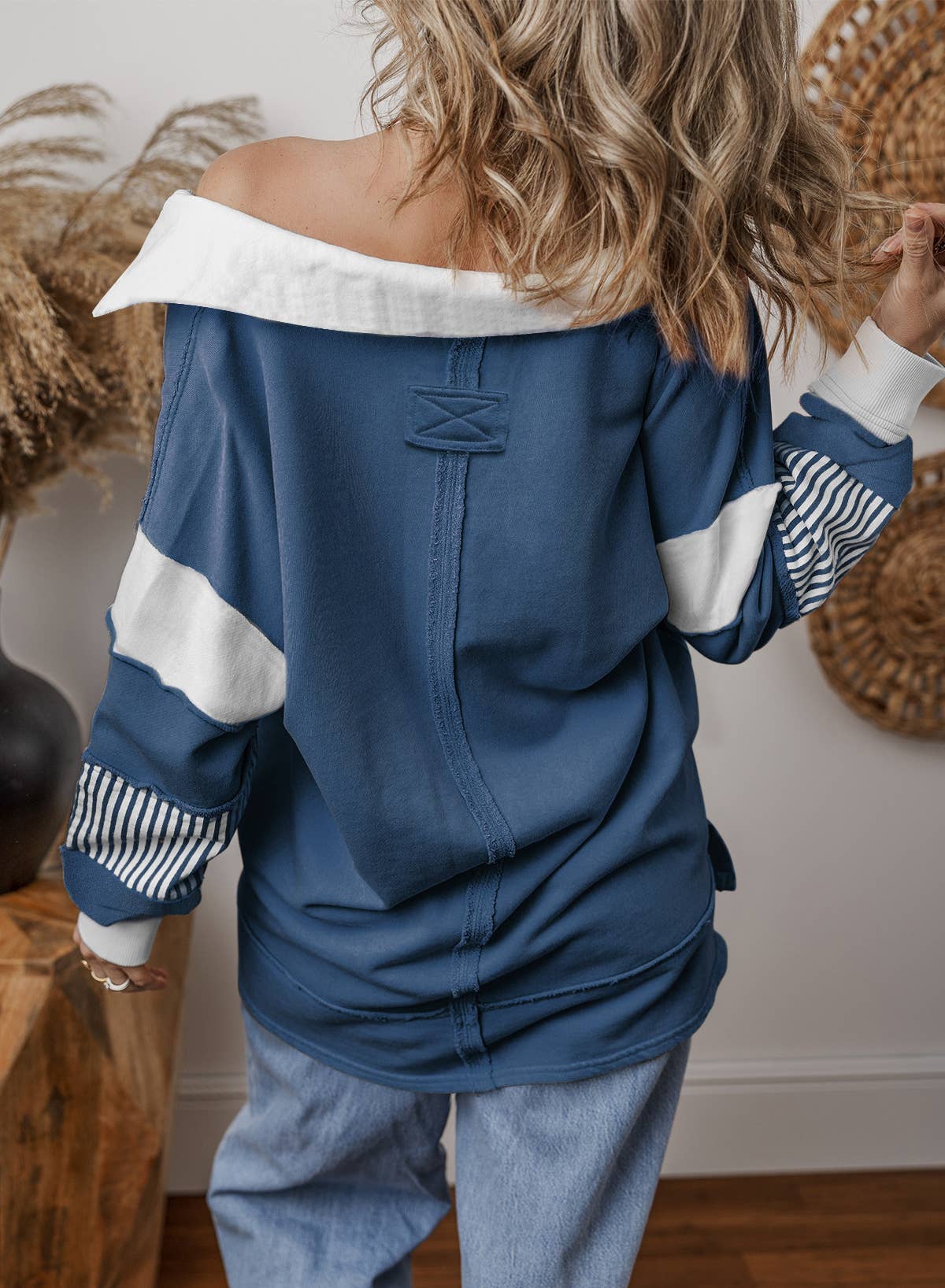 V-Neck Stripe Colorblock Long Sleeve Loose Casual Sweatshirt