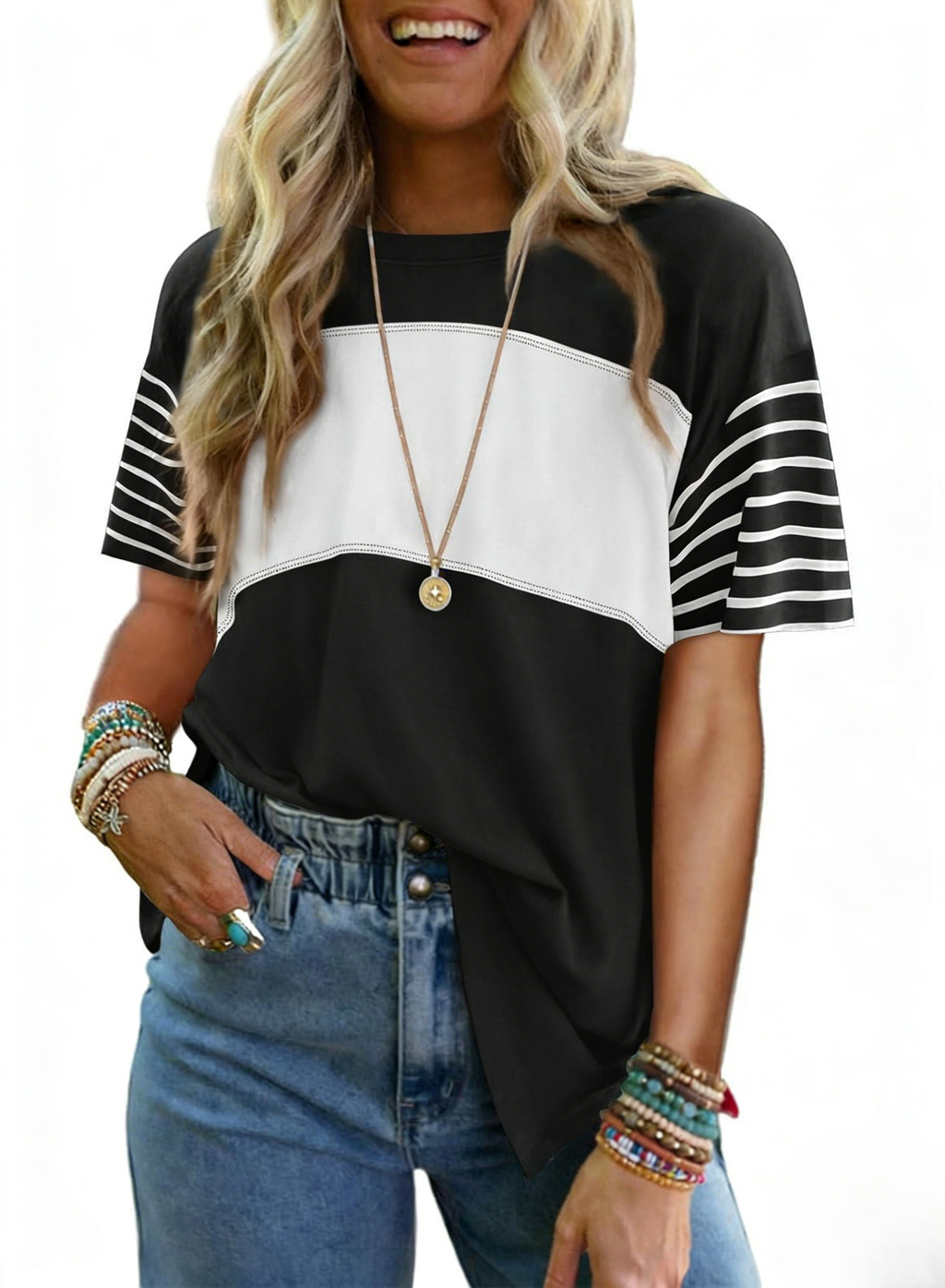 Color Block Striped Sleeve T-Shirt