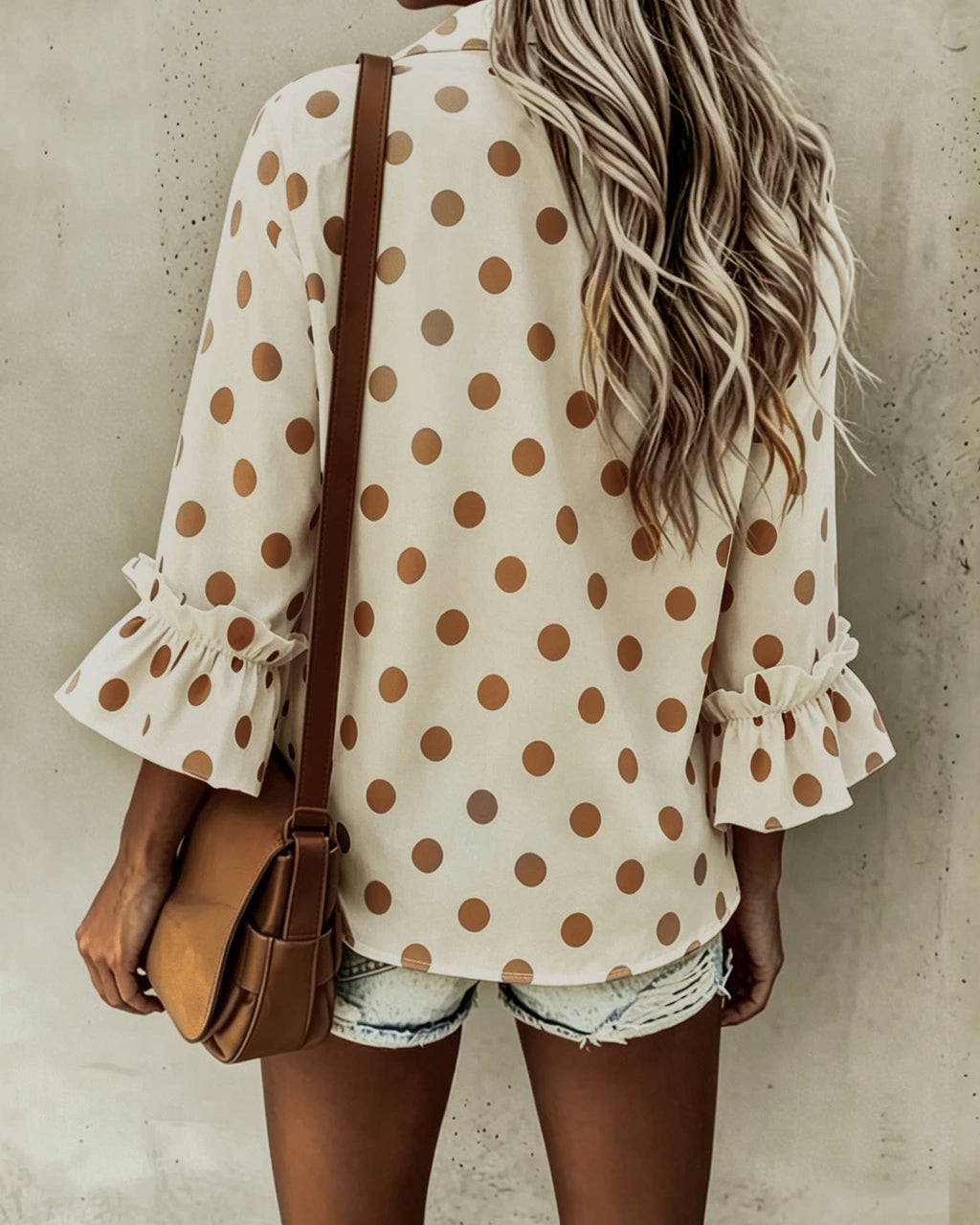 Polka Dots ruffle 3/4 sleeve button up blouse