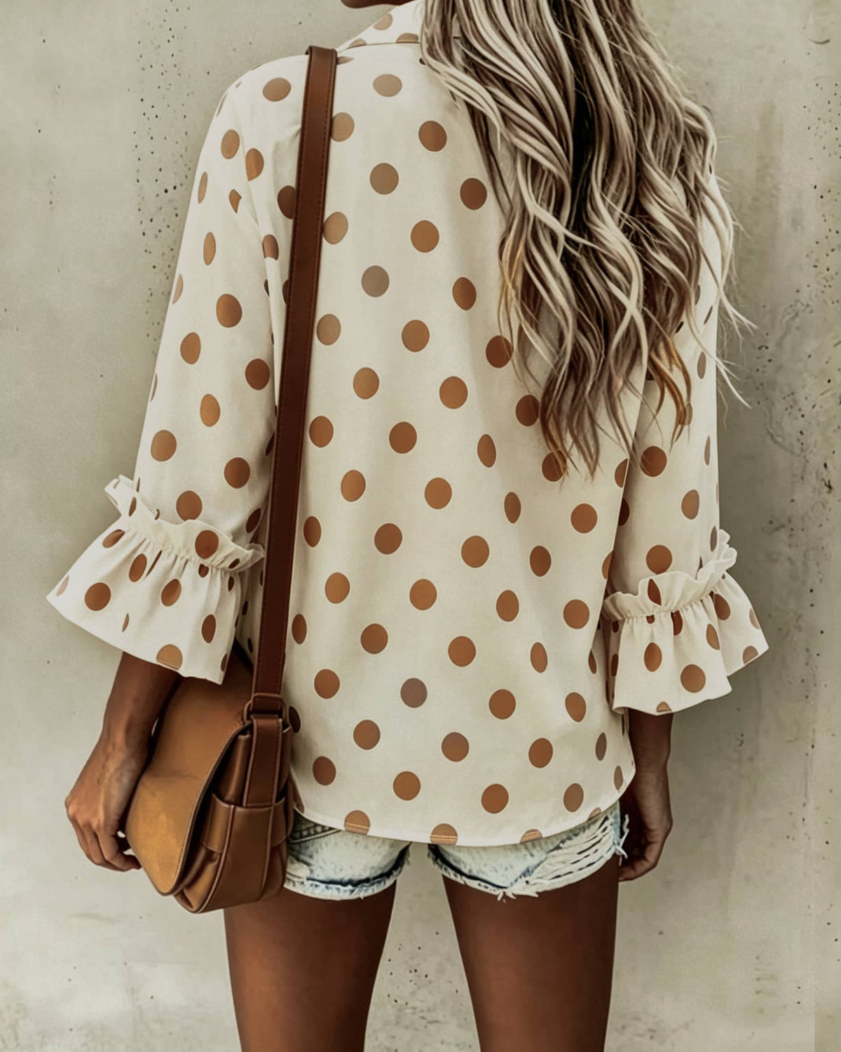 Polka Dots ruffle 3/4 sleeve button up blouse