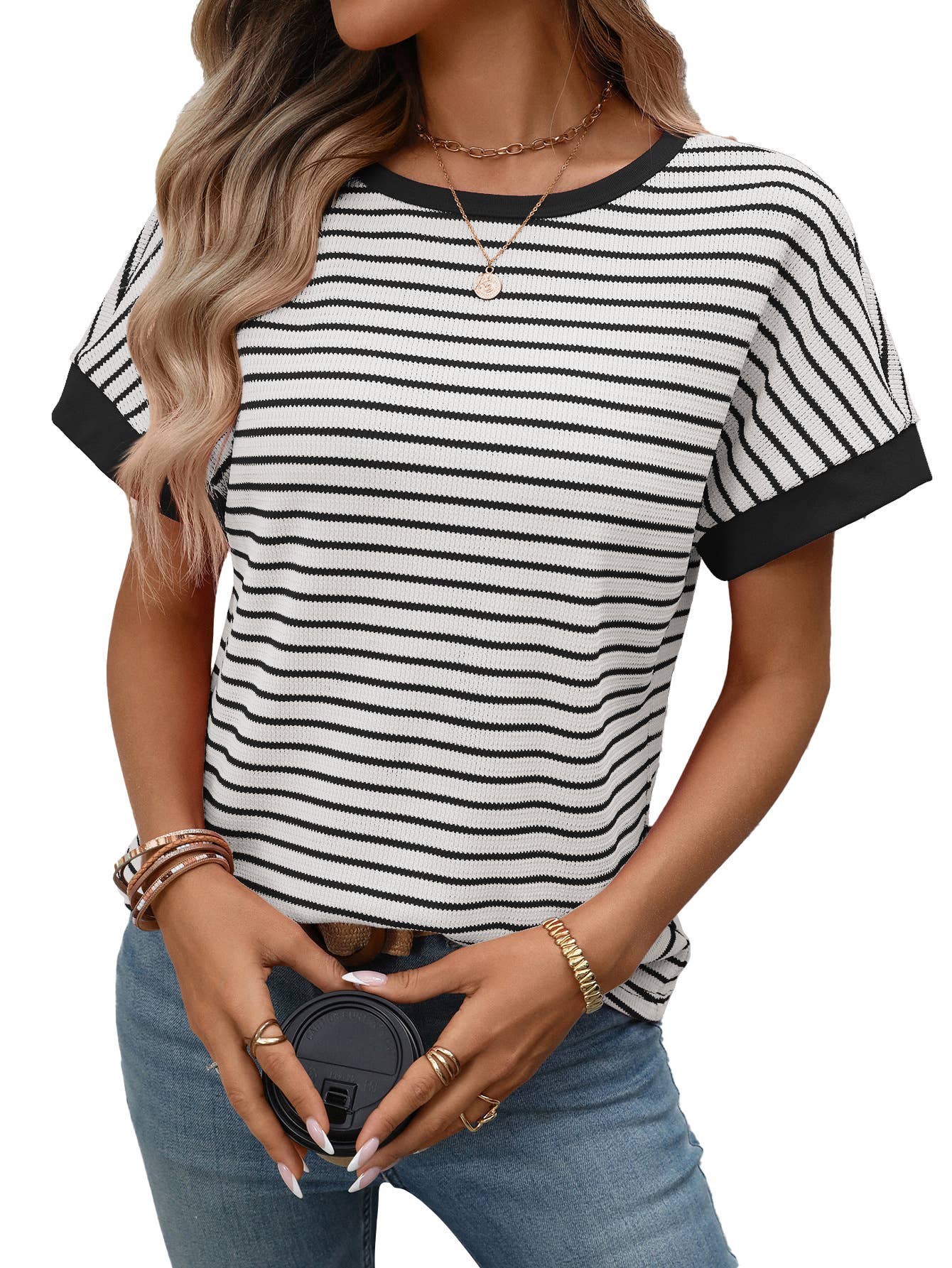 Casual crew-neck patchwork short-sleeved T-shirt