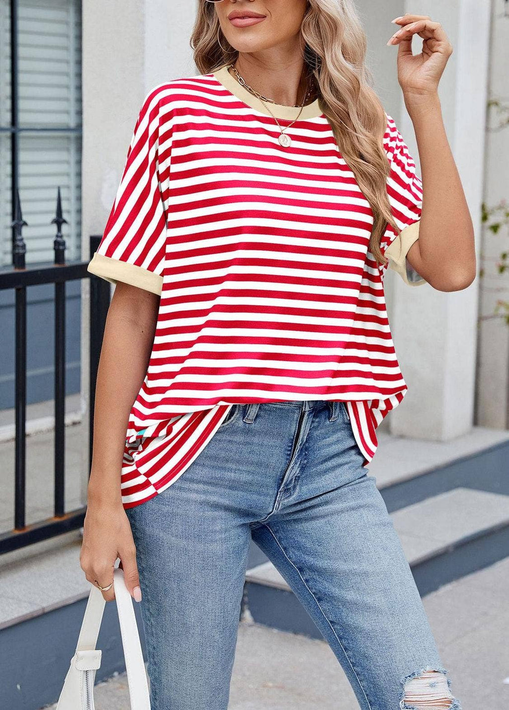 Striped Color Collision Round Neck Loose Short Sleeve T-Shir