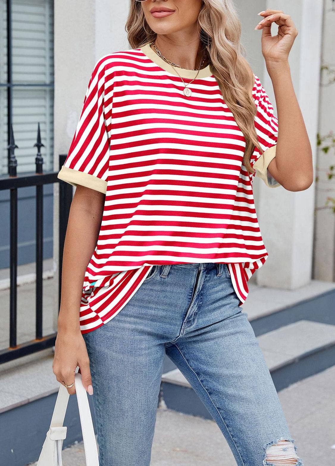 Striped Color Collision Round Neck Loose Short Sleeve T-Shir