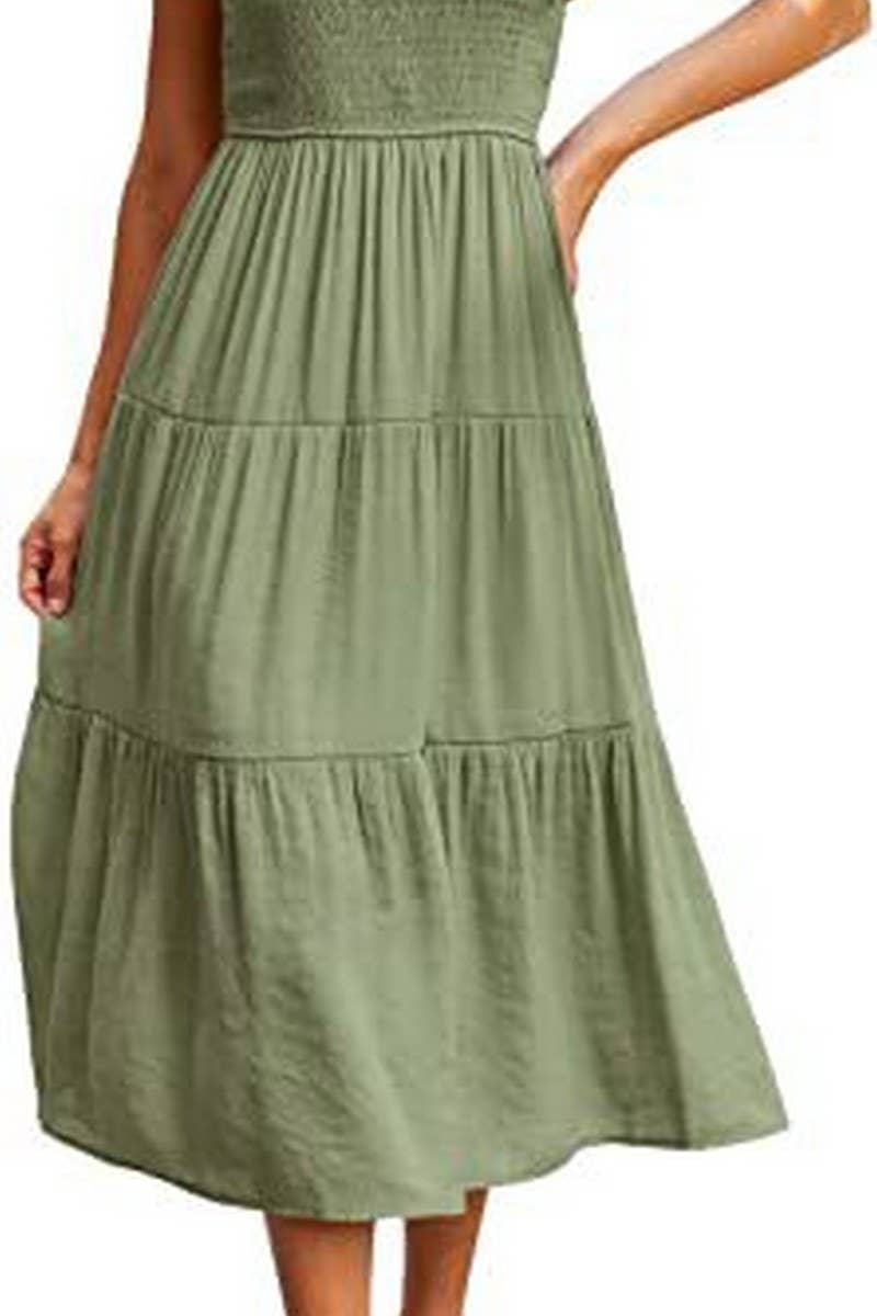 CWDMD2568_FLYING SLEEVE SHIRRED LAYERED SHORT SLEEVE DRESS