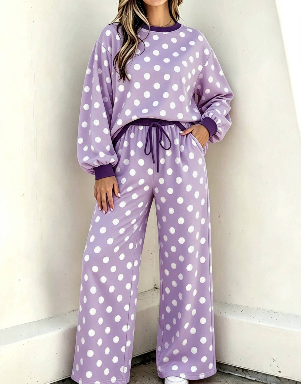 Versatile Two Tone Polka Dots Crewneck Top 2PC Set