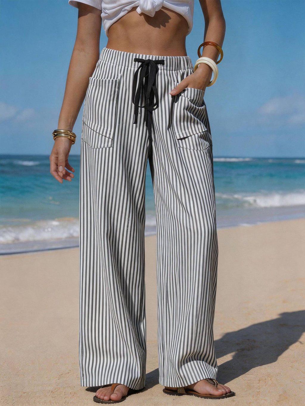 Drawstring Pocket Beach Casual Pants