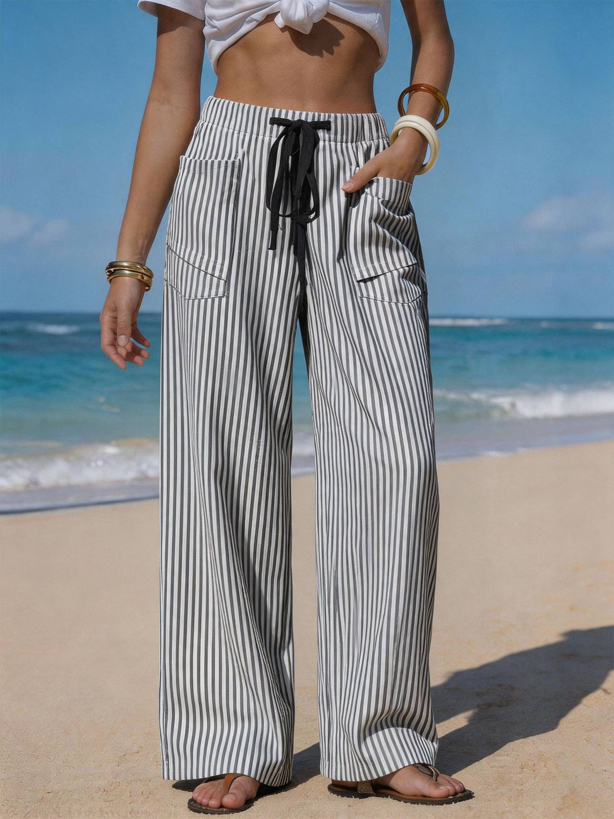 Drawstring Pocket Beach Casual Pants