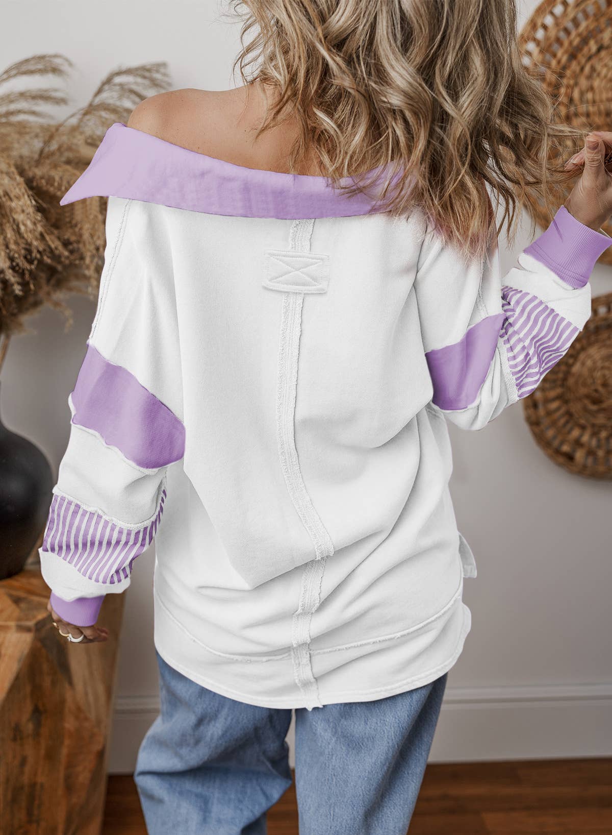 V-Neck Stripe Colorblock Long Sleeve Loose Casual Sweatshirt
