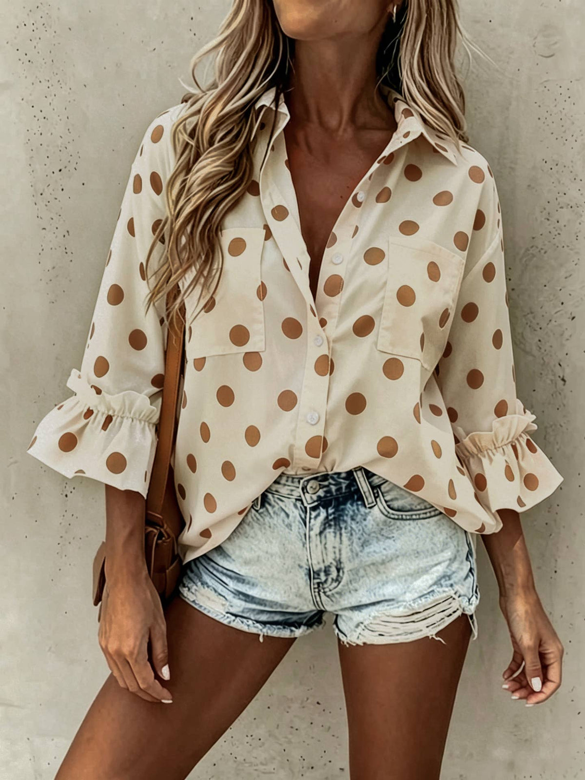 Polka Dots ruffle 3/4 sleeve button up blouse