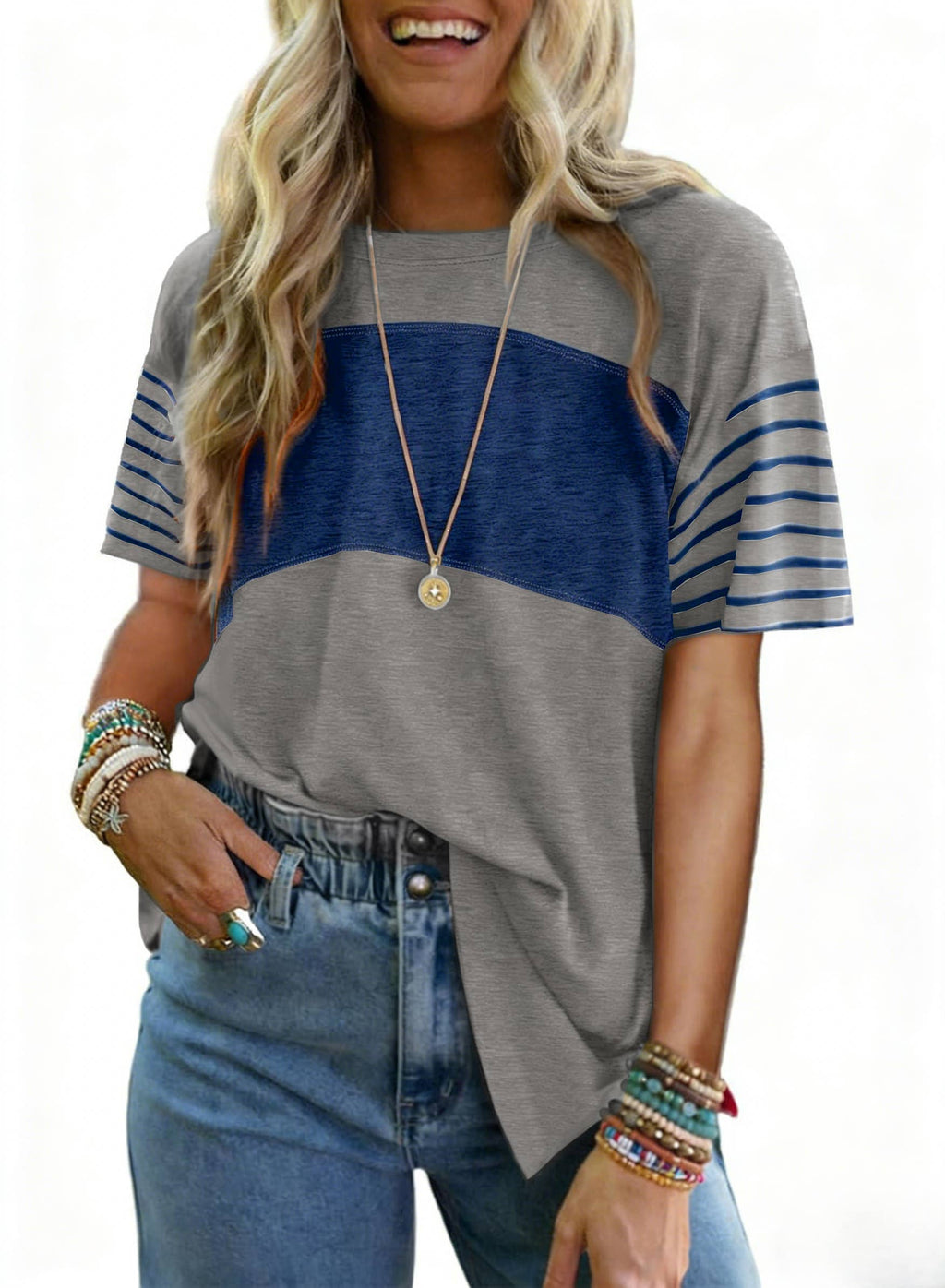 Color Block Striped Sleeve T-Shirt