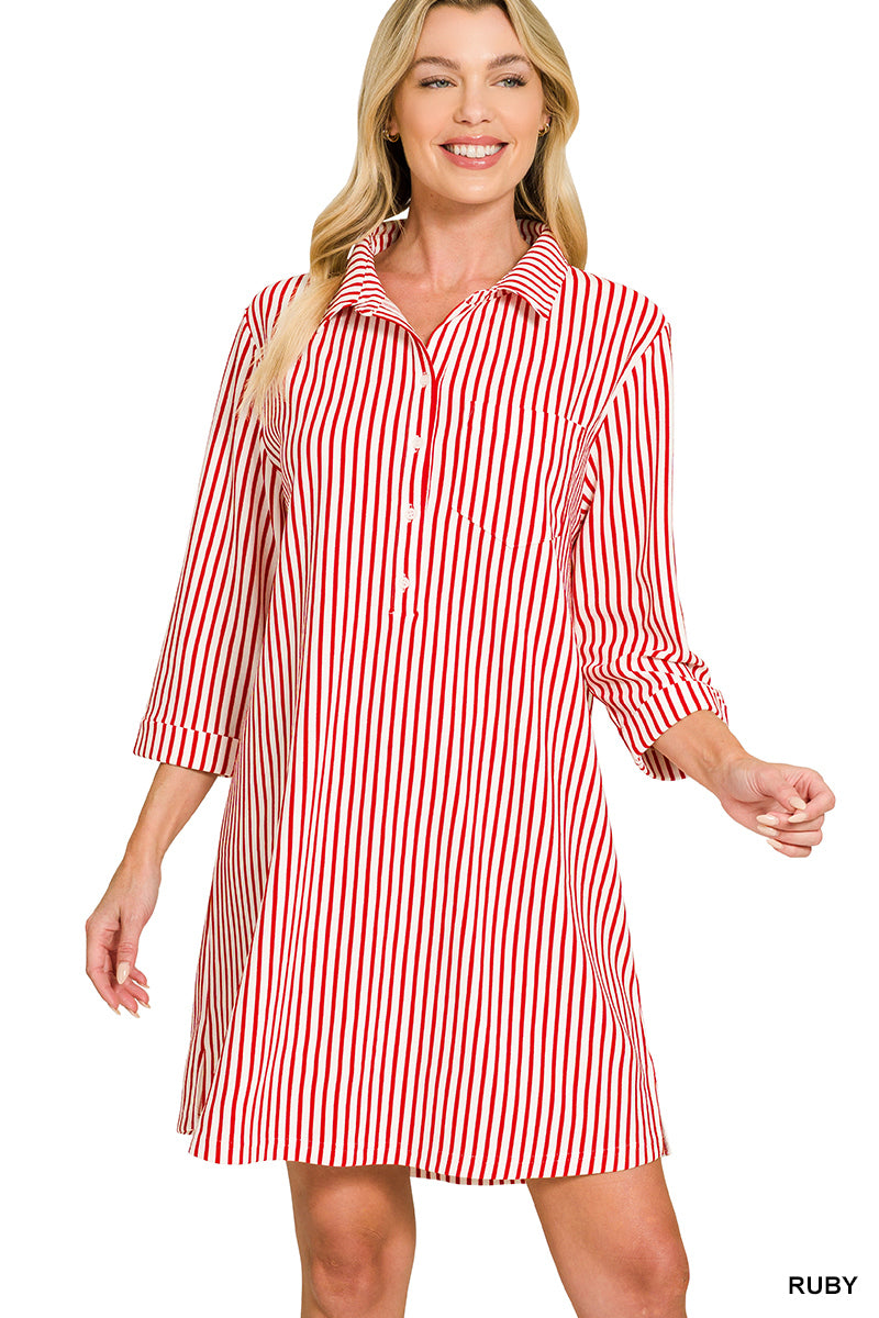 Zenana Collard Half Button Striped Dress Shirt