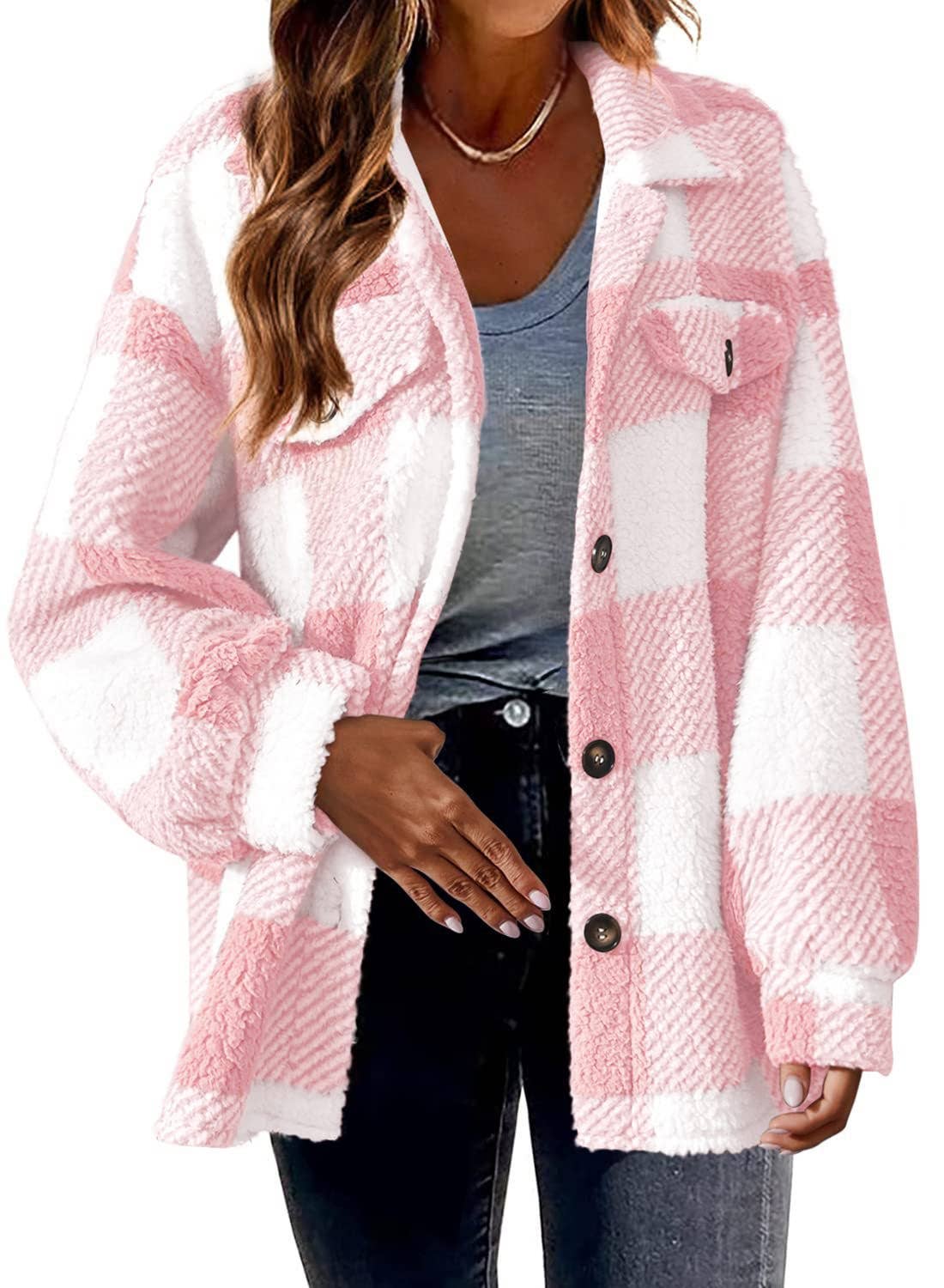 Women Plaid Fleece Shacket Button Up Warm Fall Jacket