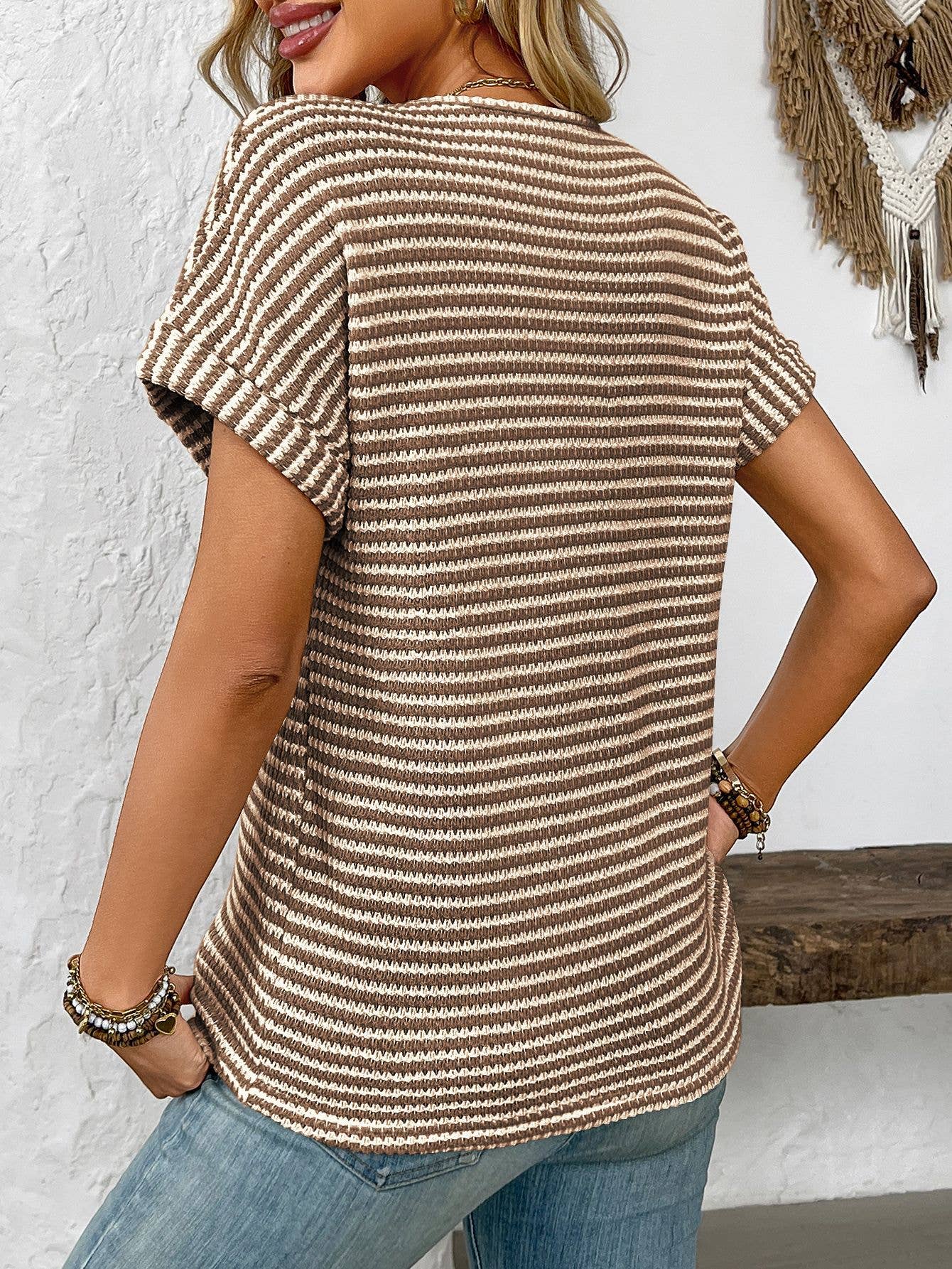 V-neck loose striped casual pullover T-shirt