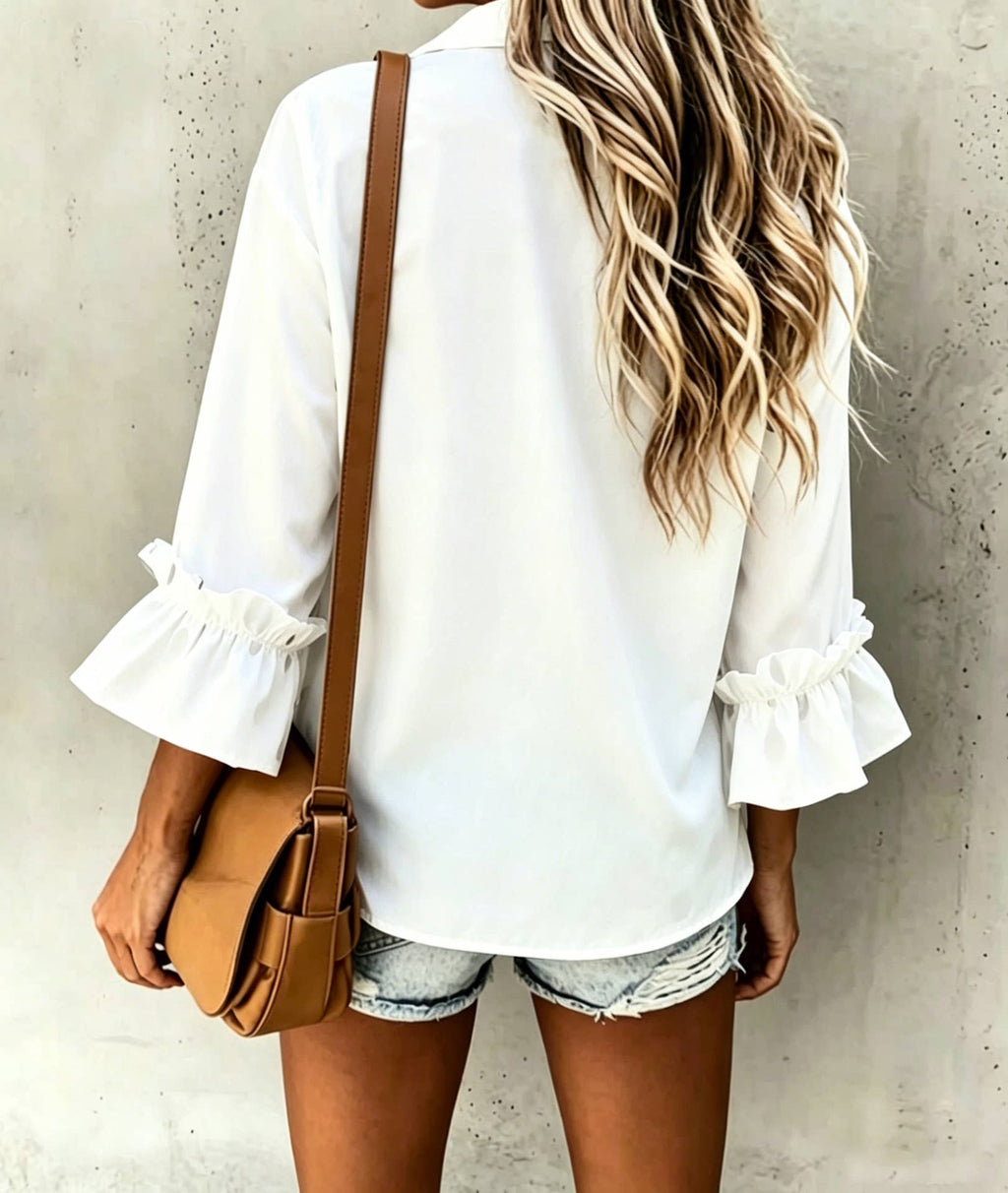 Polka Dots ruffle 3/4 sleeve button up blouse
