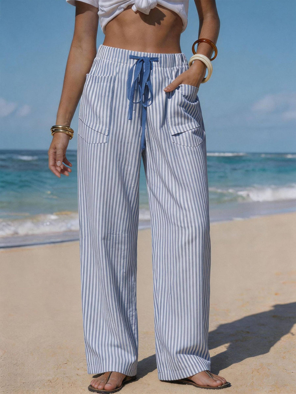 Drawstring Pocket Beach Casual Pants