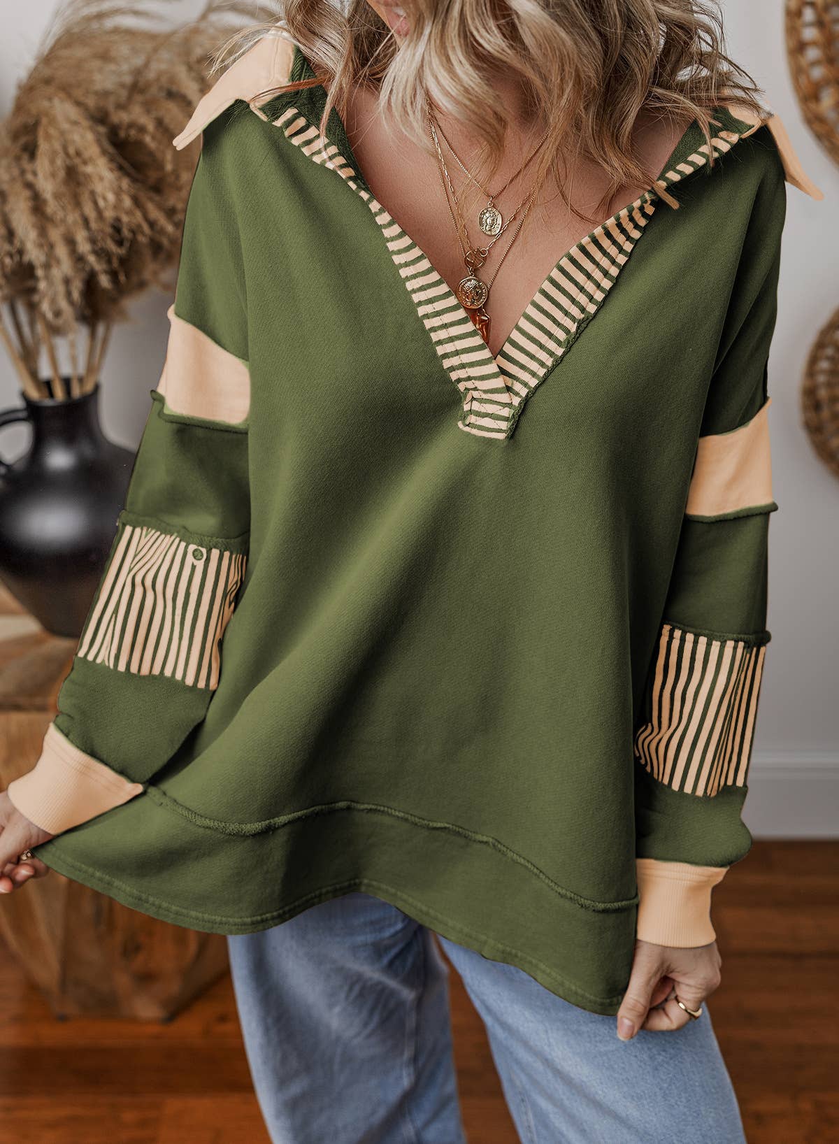 V-Neck Stripe Colorblock Long Sleeve Loose Casual Sweatshirt