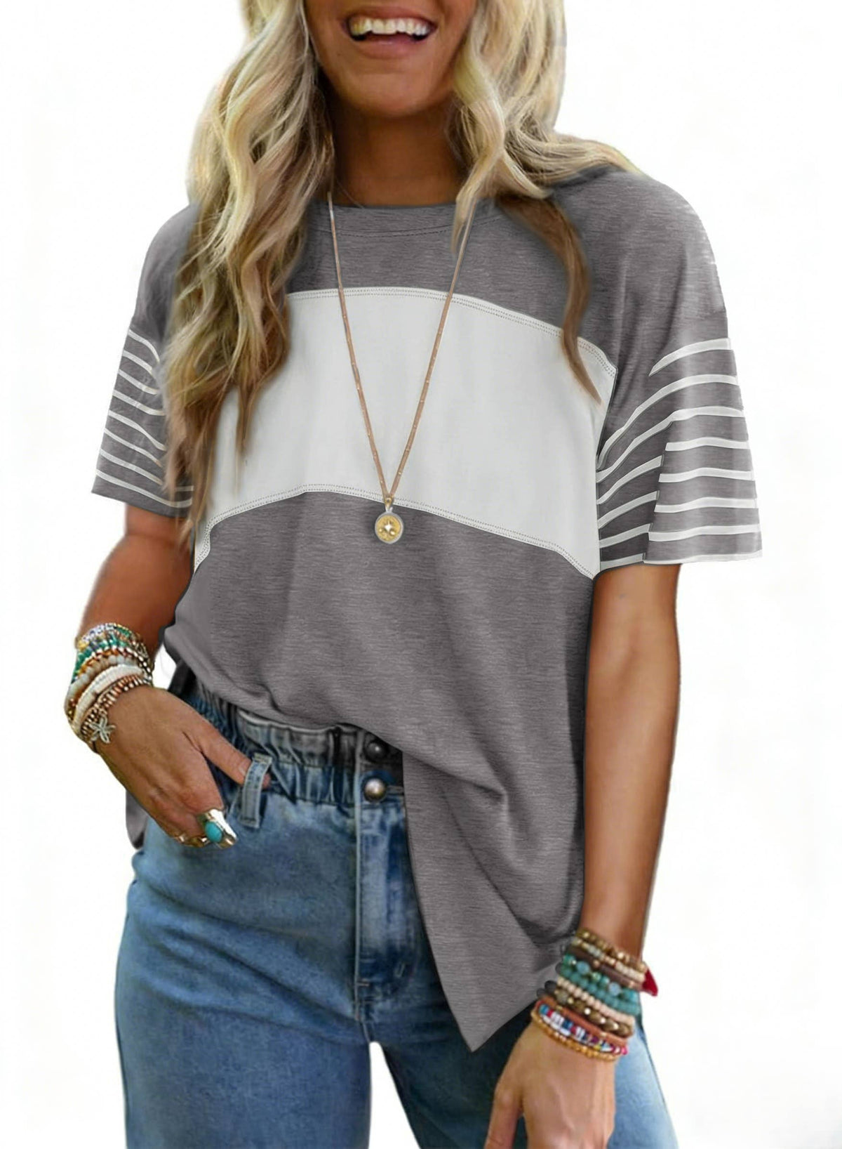 Color Block Striped Sleeve T-Shirt
