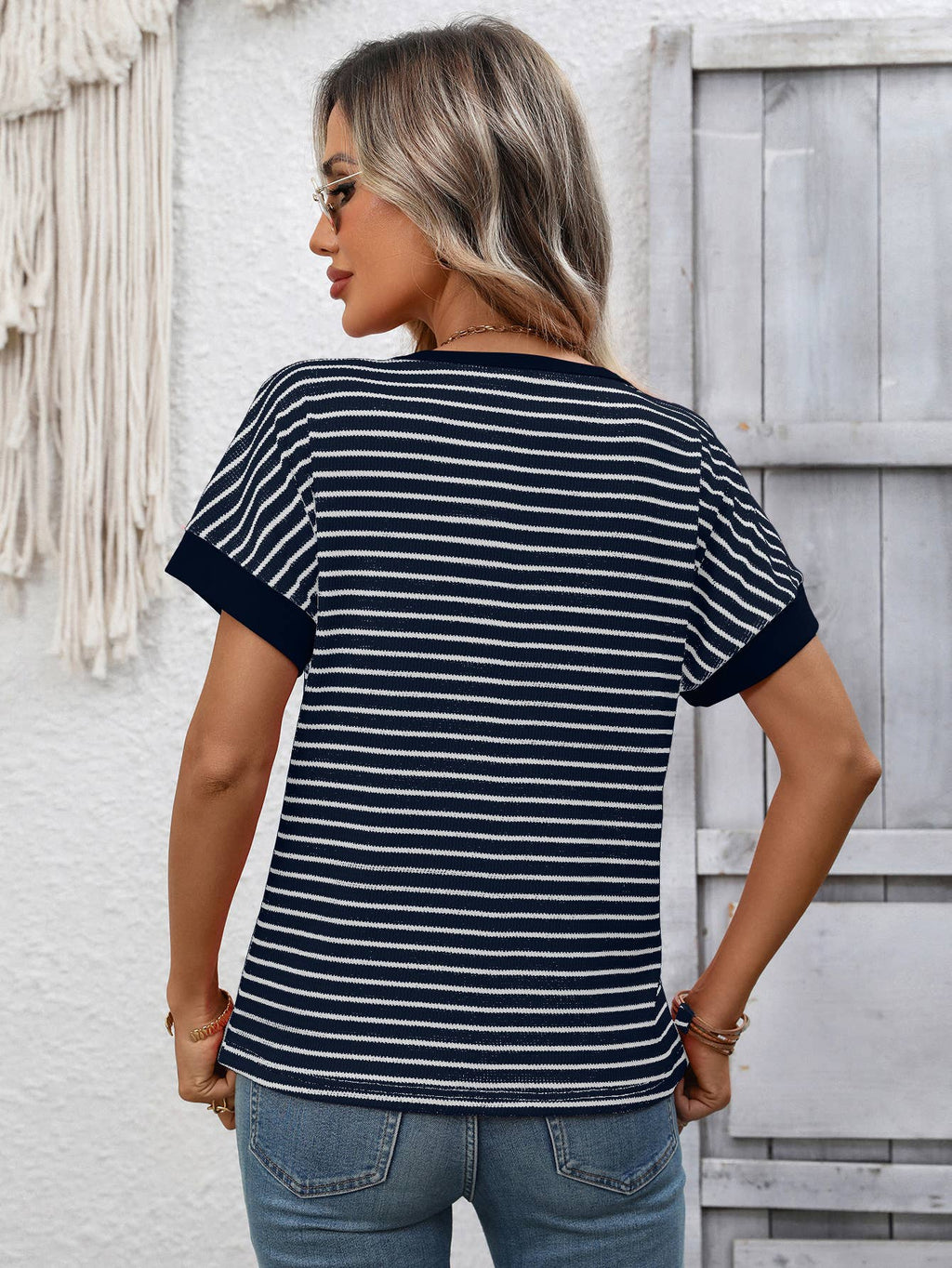 Casual crew-neck patchwork short-sleeved T-shirt