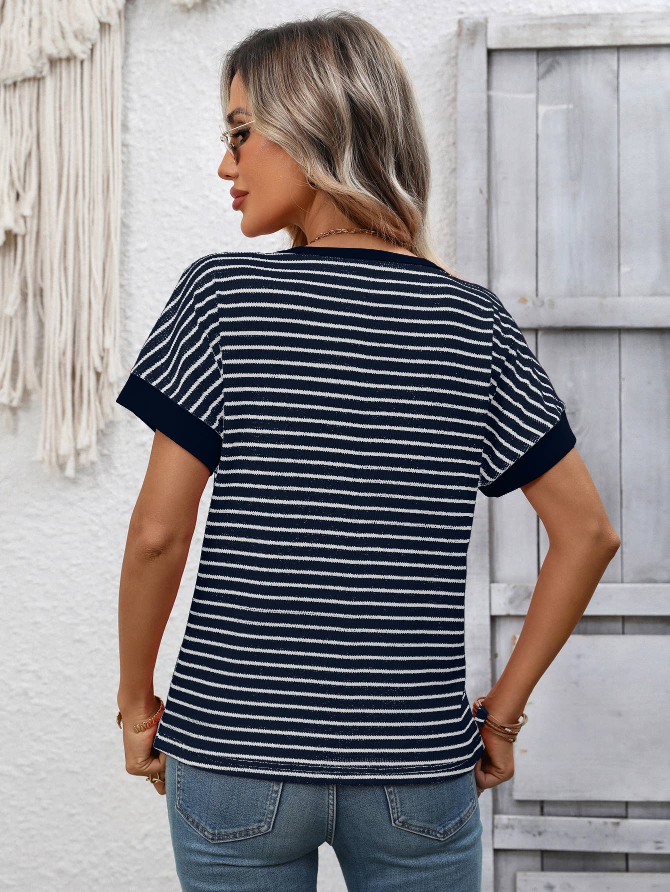 Casual crew-neck patchwork short-sleeved T-shirt