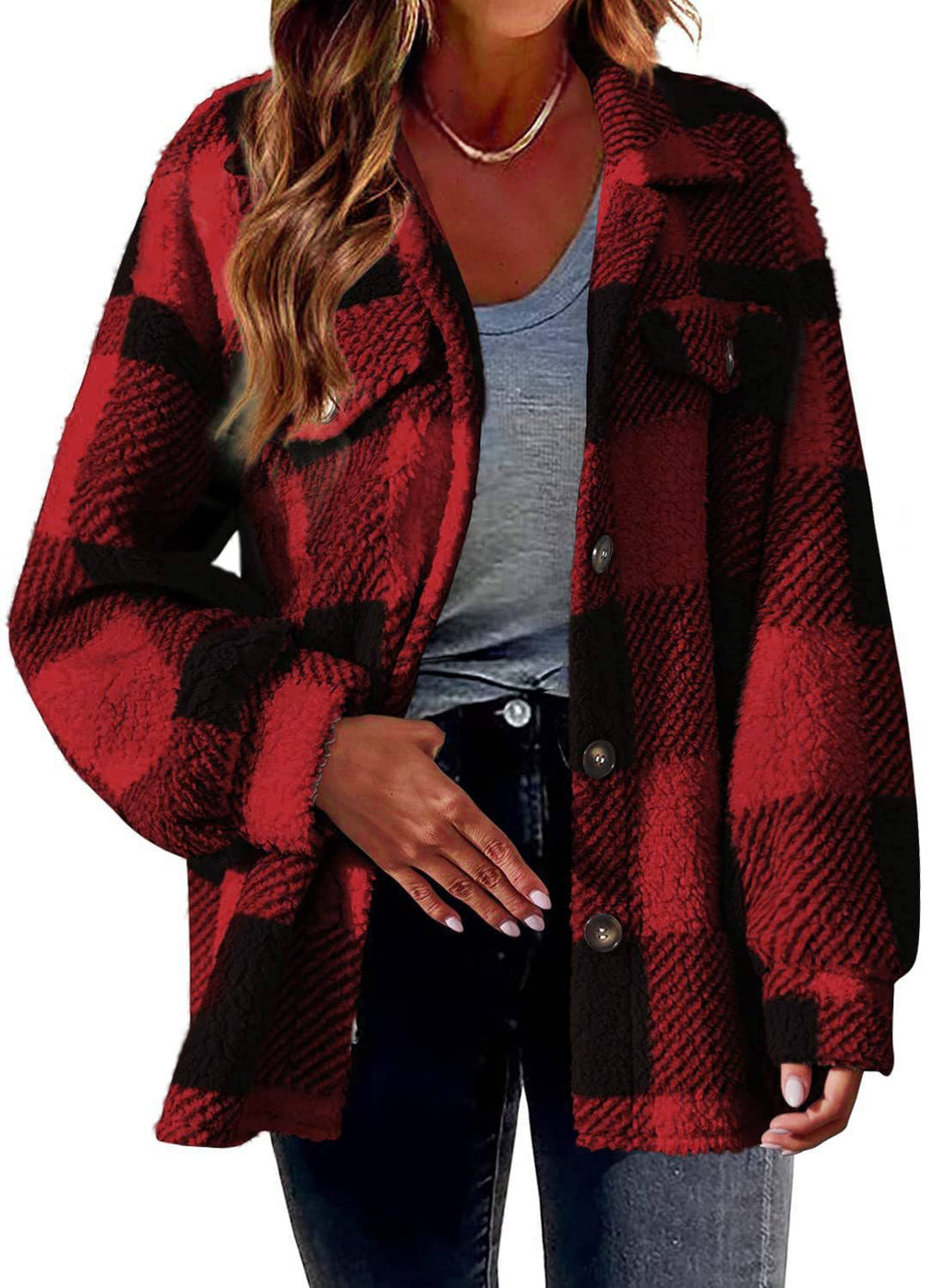 Women Plaid Fleece Shacket Button Up Warm Fall Jacket
